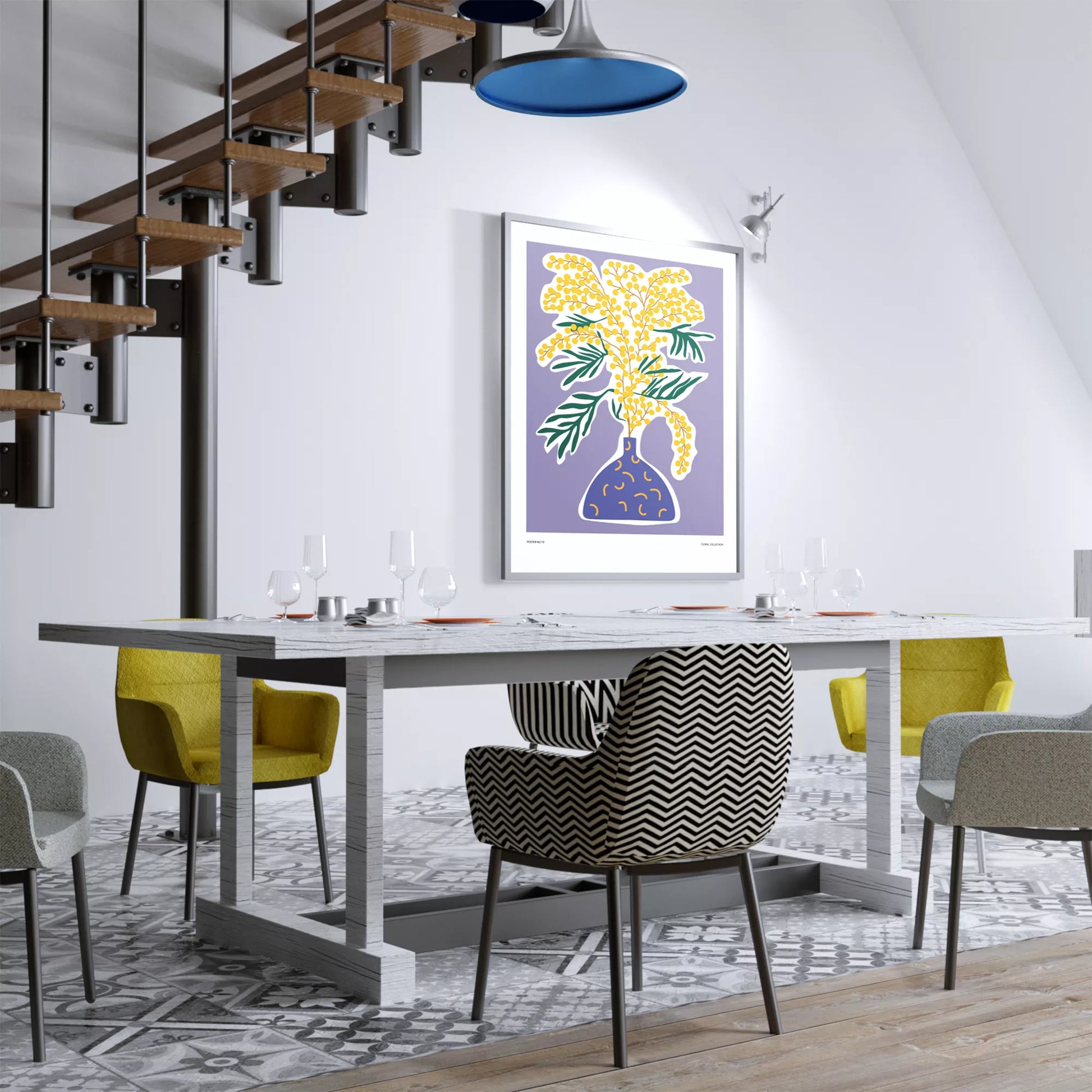 北欧デザインの抽象ミモザボタニカルアートポスター モダンインテリア