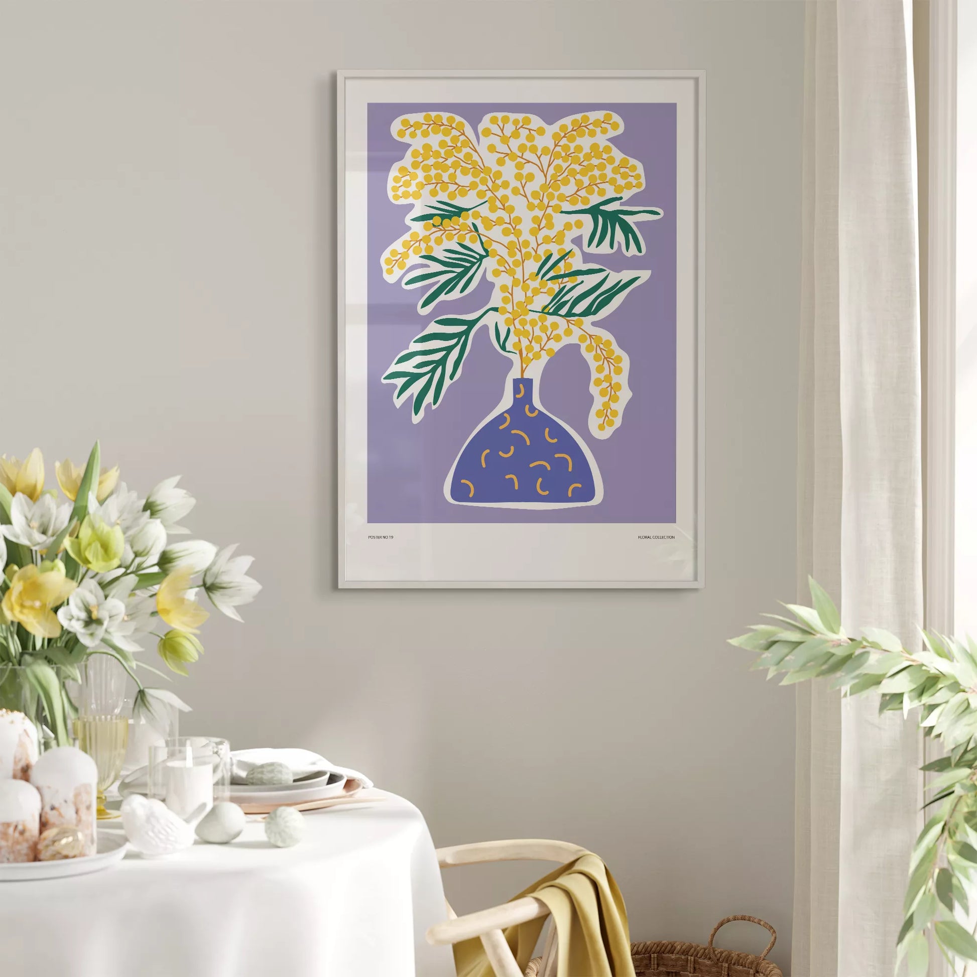 北欧デザインの抽象ミモザボタニカルアートポスター モダンインテリア