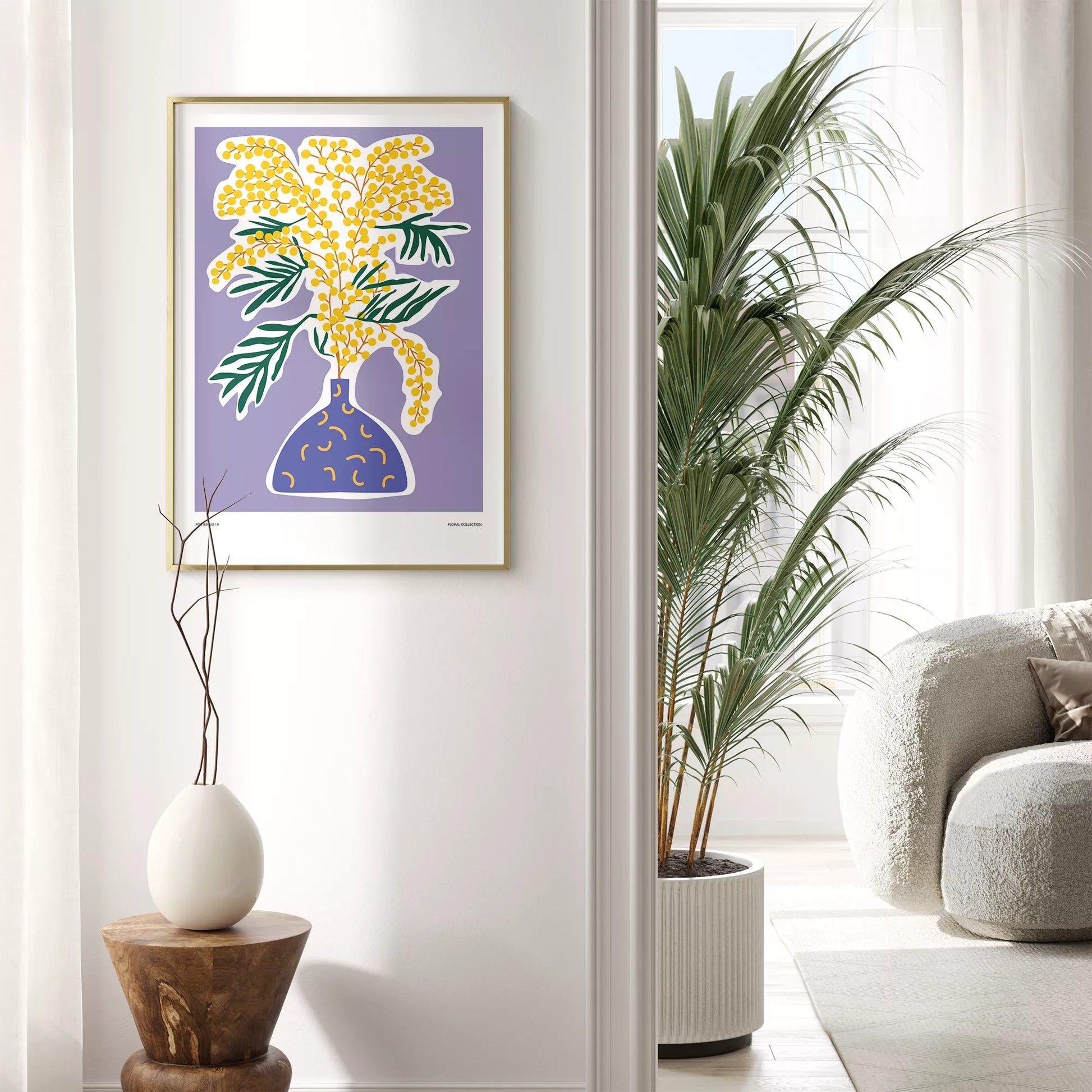 北欧デザインの抽象ミモザボタニカルアートポスター モダンインテリア