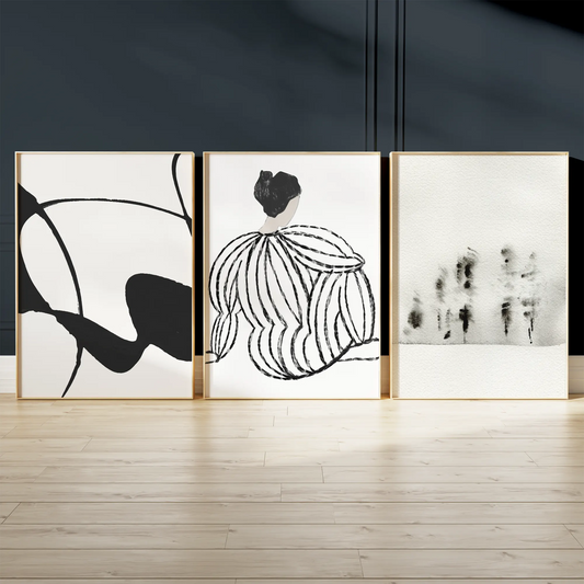 モノクロミニマル抽象とファッションシルエットのアートポスター 北欧モダンインテリア 3枚セット
