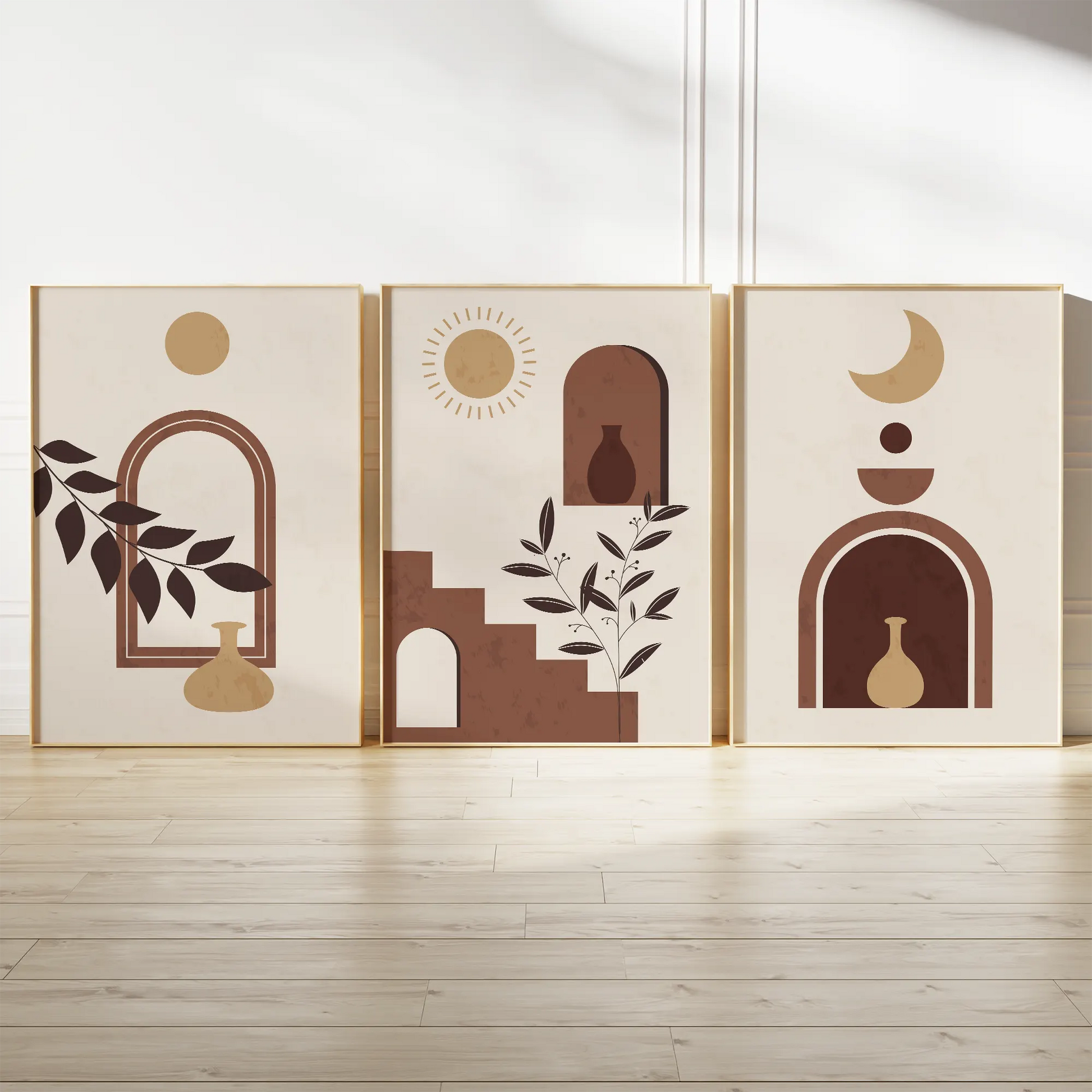 テラコッタのミニマルボタニカルアーチアートポスター 北欧ジャパンディ 3枚セット