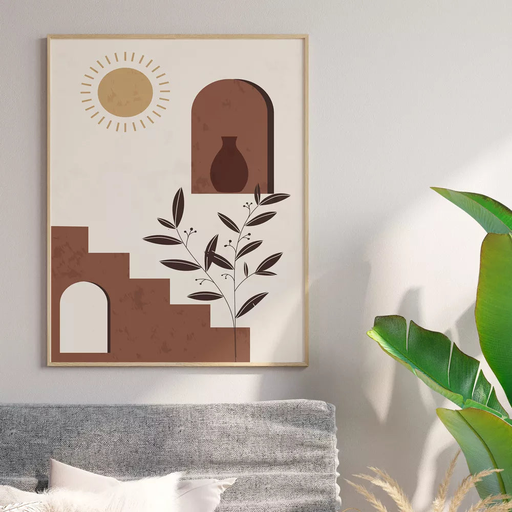 ミニマルデザインのアーチと植物モチーフの3枚組アートポスター