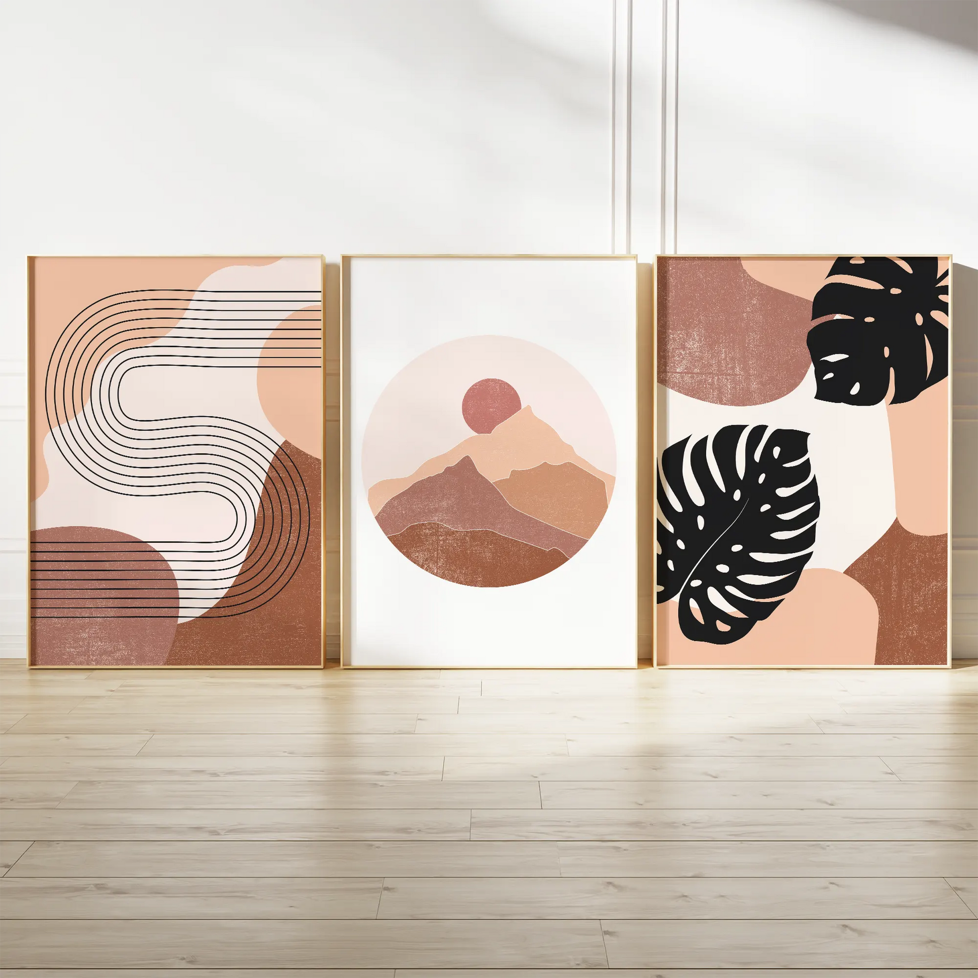 テラコッタカラーのミニマルボタニカル抽象アートポスター 北欧モダンインテリア 3枚セット