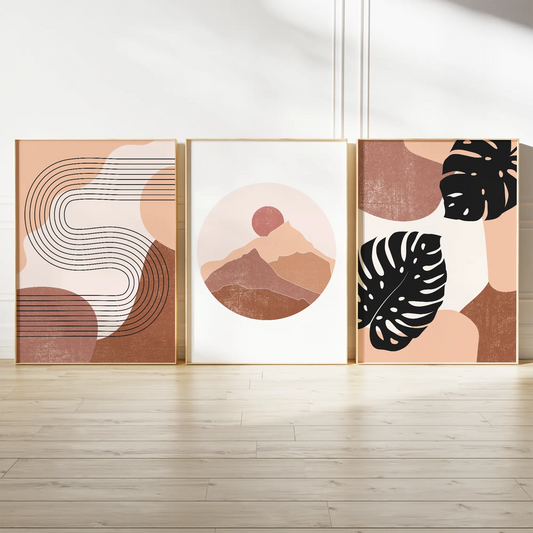 テラコッタカラーのミニマルボタニカル抽象アートポスター 北欧モダンインテリア 3枚セット