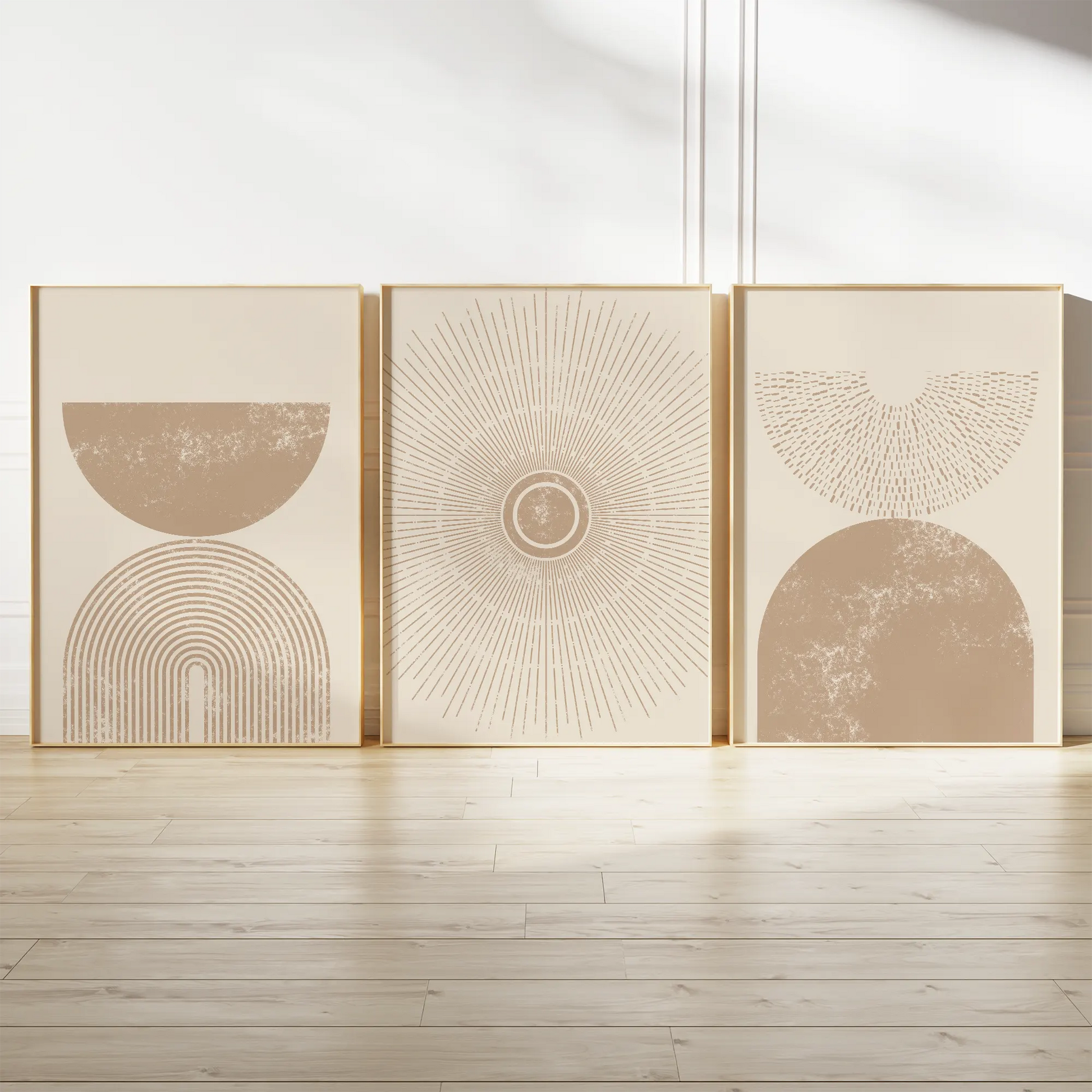 ミニマルジオメトリックサンバーストベージュアートポスター 3枚セット