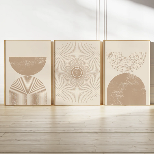 ミニマルジオメトリックサンバーストベージュアートポスター 3枚セット