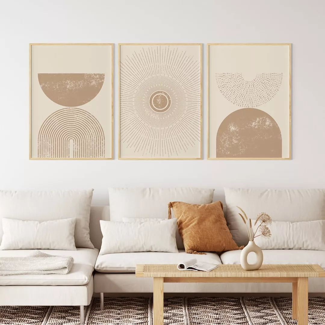 幾何学的な円とサンバースト模様のベージュトーン3点セットアート
