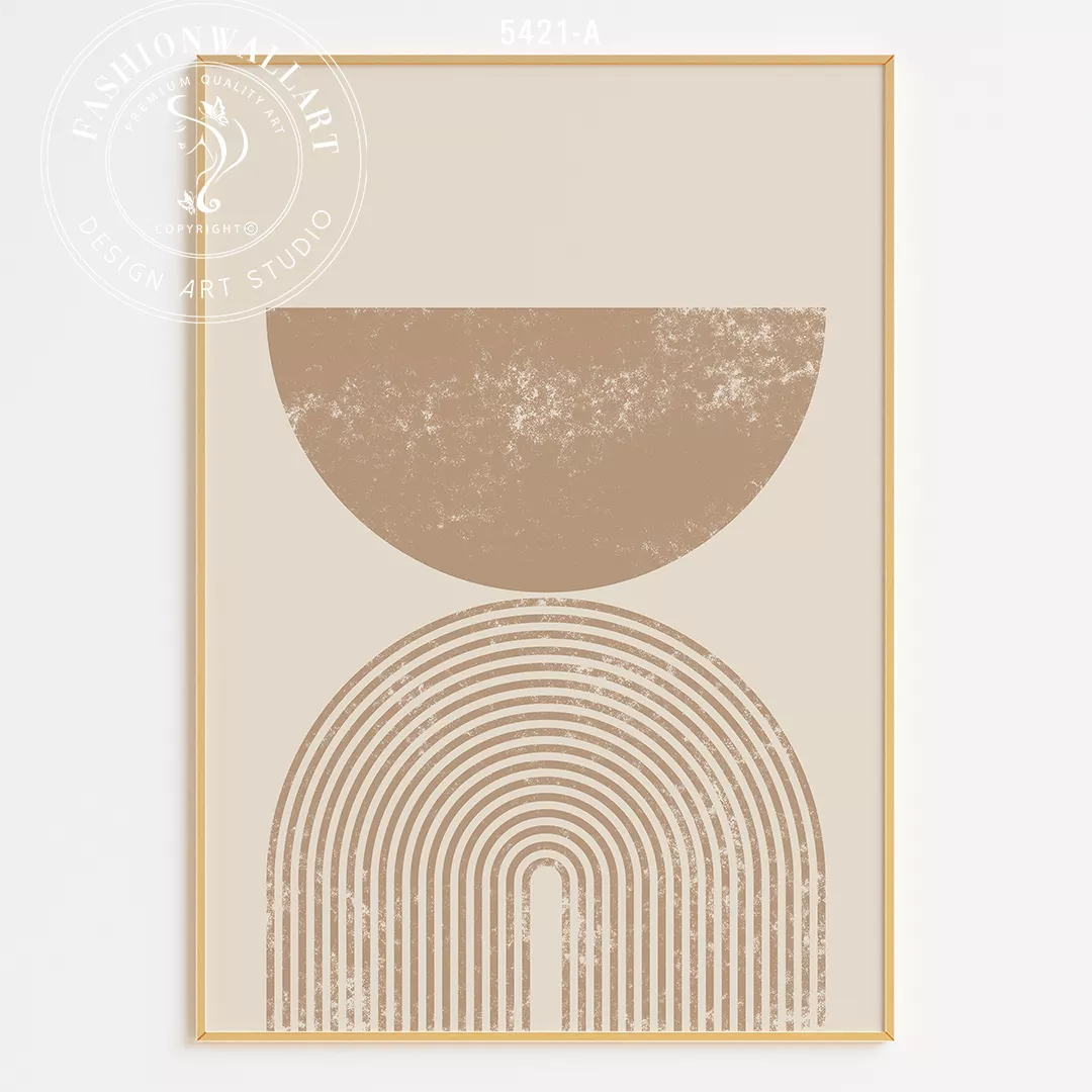 幾何学的な円とサンバースト模様のベージュトーン3点セットアート