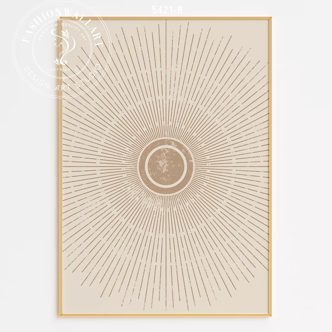 幾何学的な円とサンバースト模様のベージュトーン3点セットアート