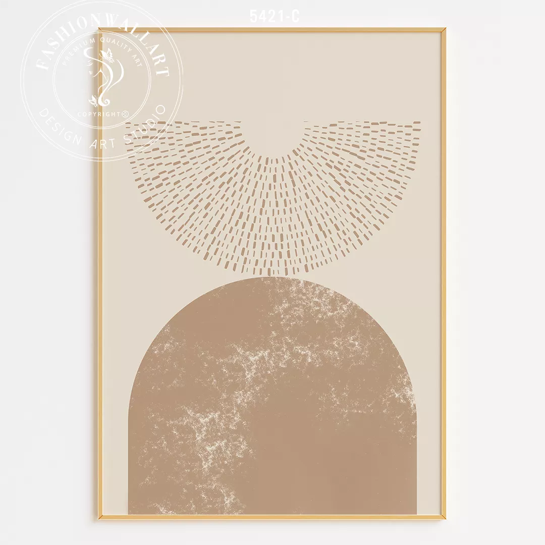 幾何学的な円とサンバースト模様のベージュトーン3点セットアート