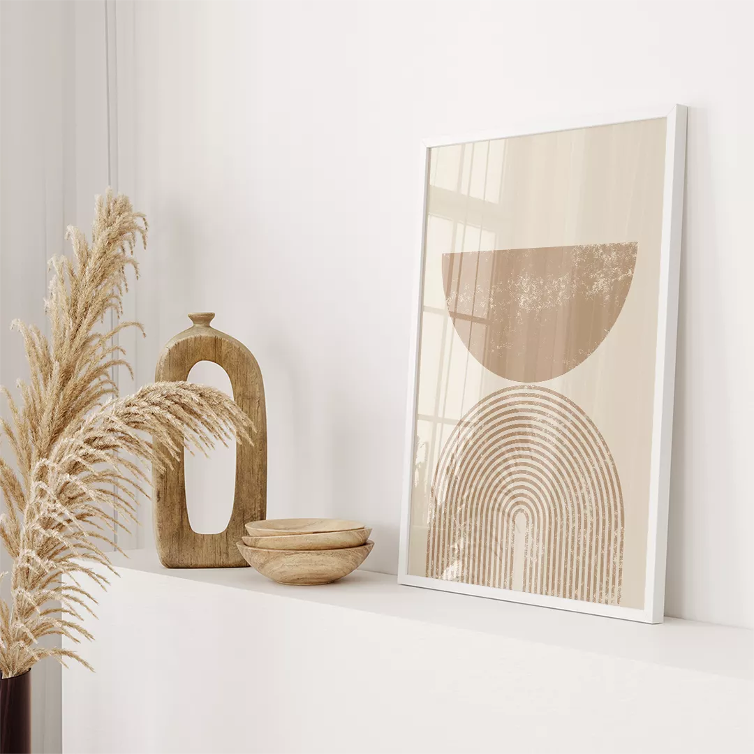 幾何学的な円とサンバースト模様のベージュトーン3点セットアート