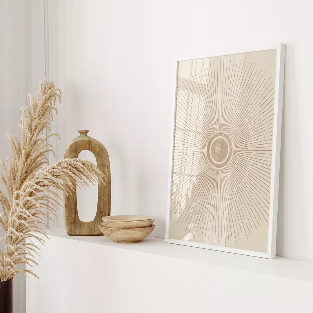 幾何学的な円とサンバースト模様のベージュトーン3点セットアート
