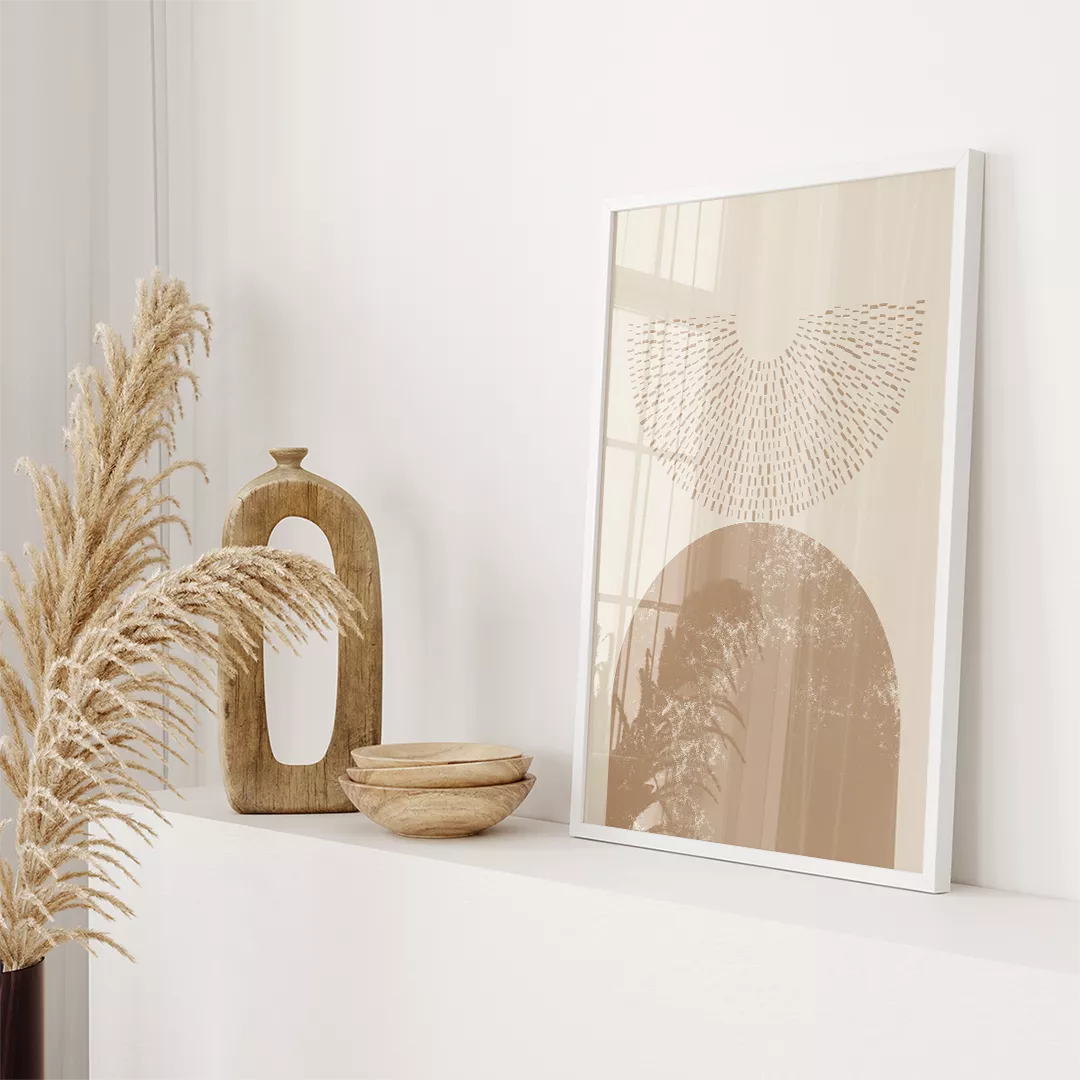 幾何学的な円とサンバースト模様のベージュトーン3点セットアート