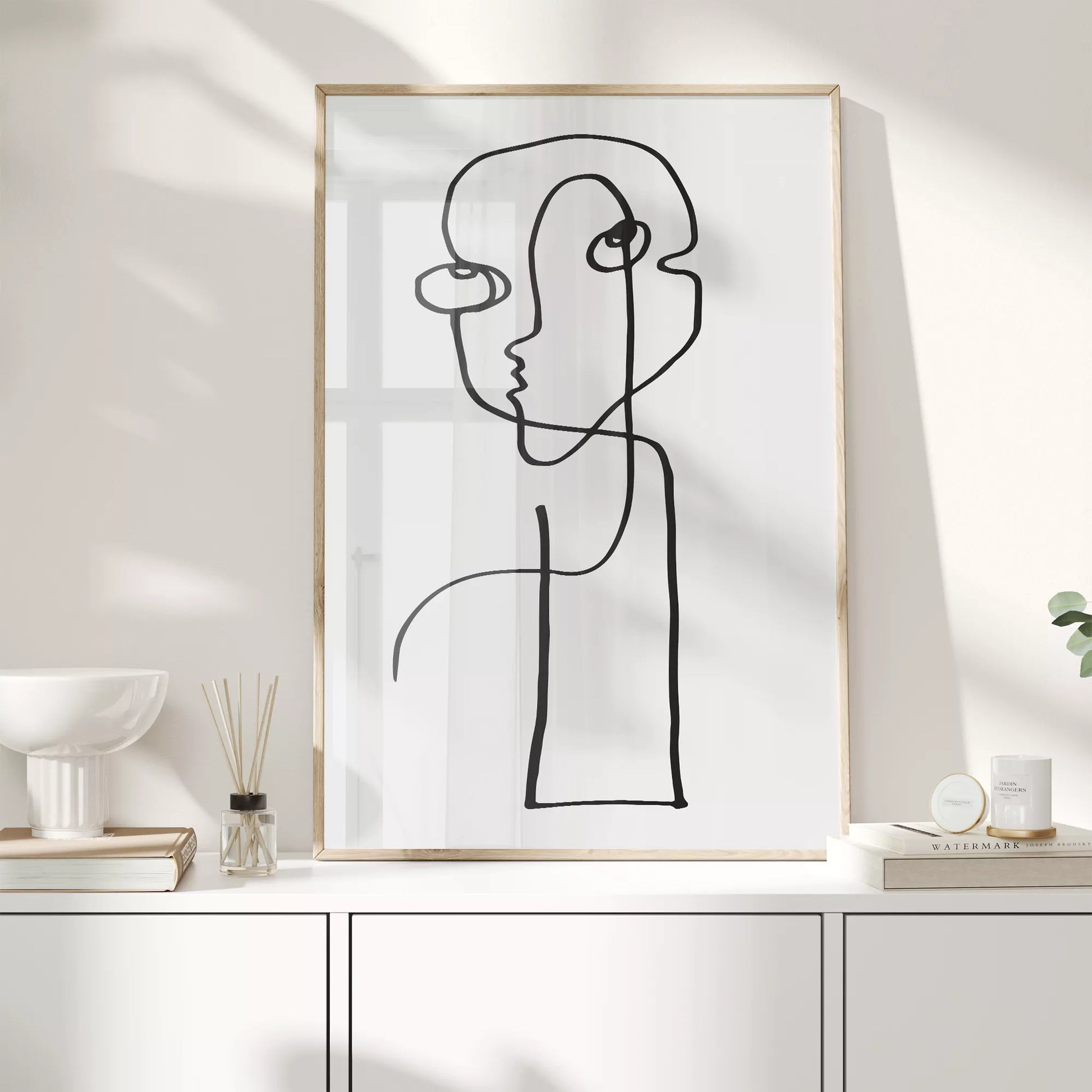 モダンな一筆書きアート、抽象的な顔のラインアート、モノクロームデザイン