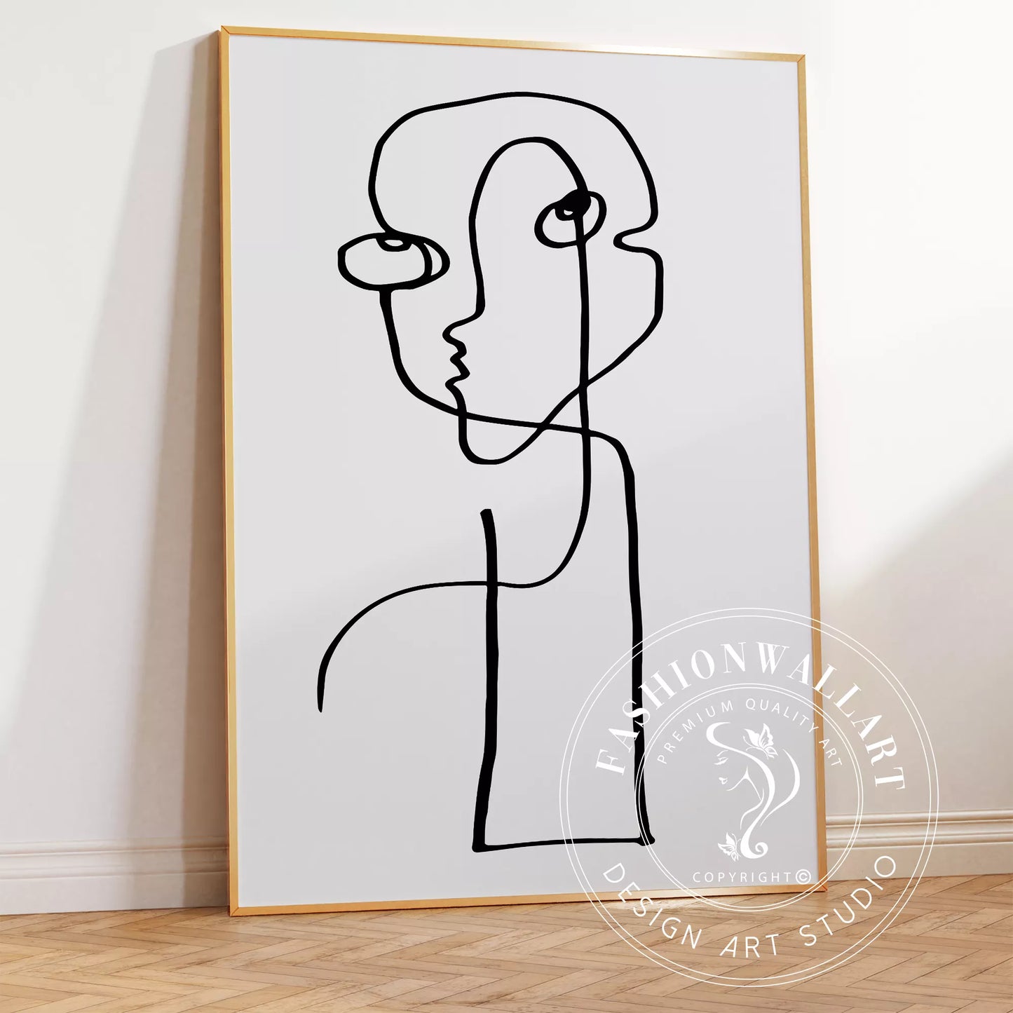 モダンな一筆書きアート、抽象的な顔のラインアート、モノクロームデザイン