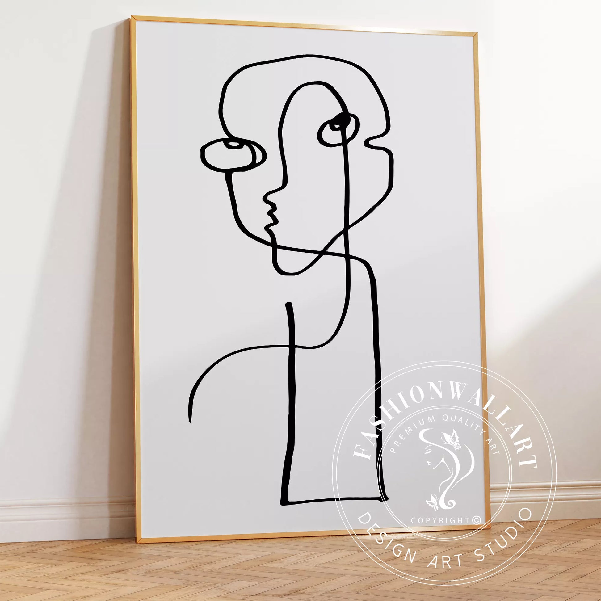 モダンな一筆書きアート、抽象的な顔のラインアート、モノクロームデザイン