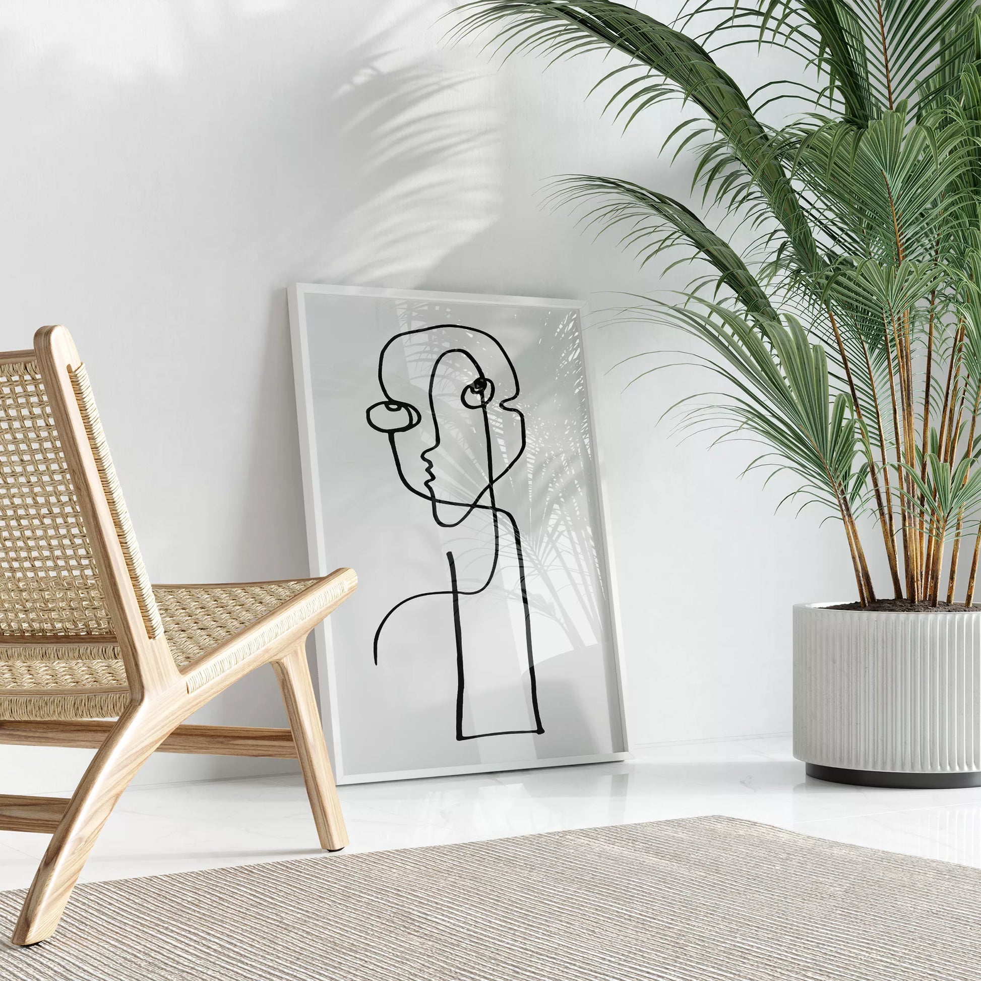 モダンな一筆書きアート、抽象的な顔のラインアート、モノクロームデザイン