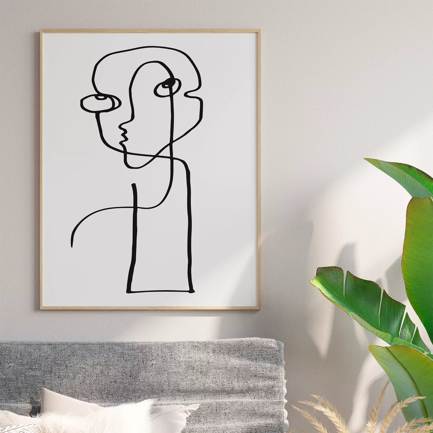 モダンな一筆書きアート、抽象的な顔のラインアート、モノクロームデザイン