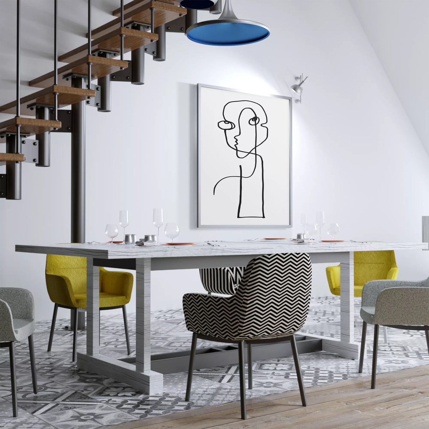 モダンな一筆書きアート、抽象的な顔のラインアート、モノクロームデザイン