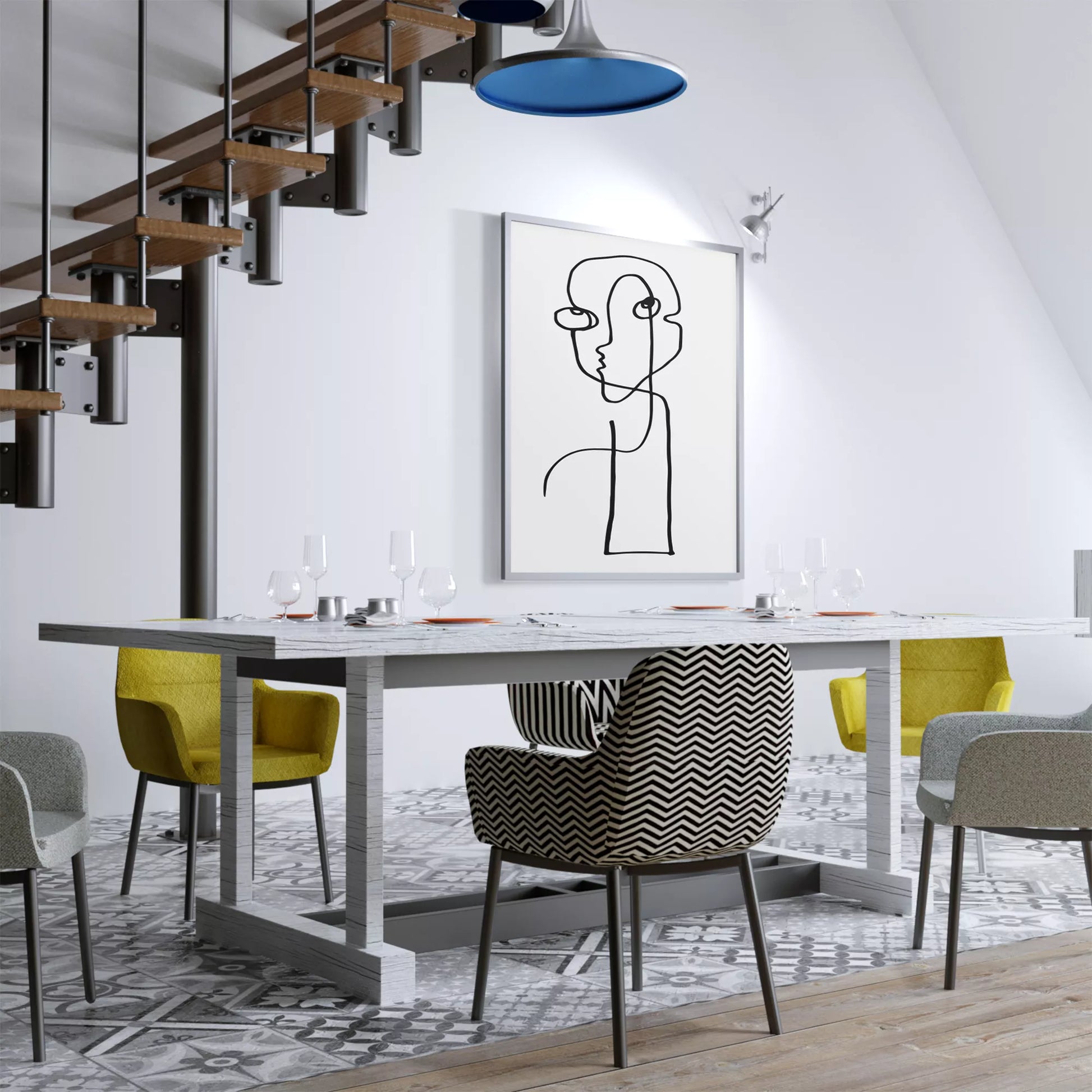 モダンな一筆書きアート、抽象的な顔のラインアート、モノクロームデザイン