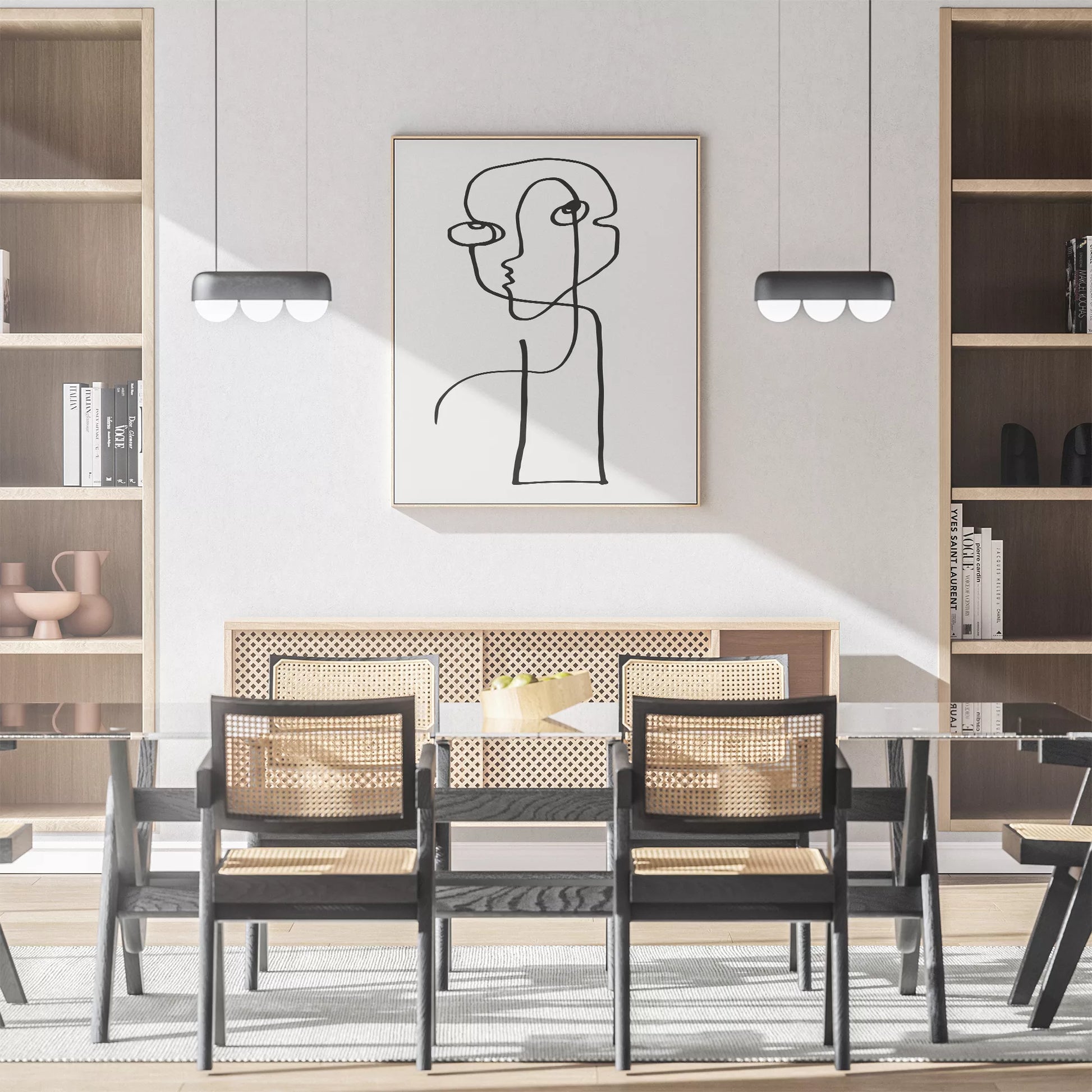 モダンな一筆書きアート、抽象的な顔のラインアート、モノクロームデザイン