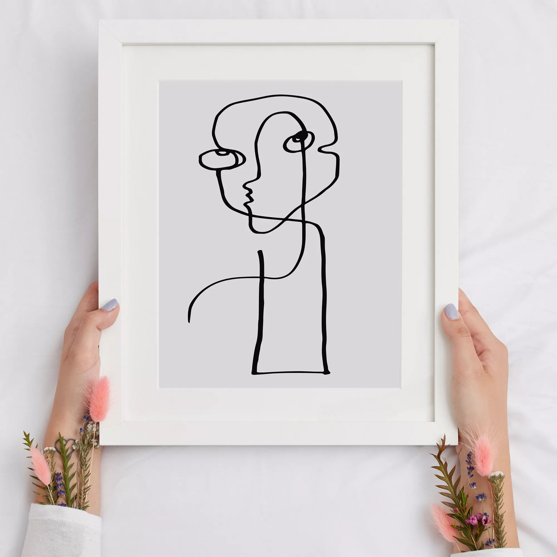 モダンな一筆書きアート、抽象的な顔のラインアート、モノクロームデザイン
