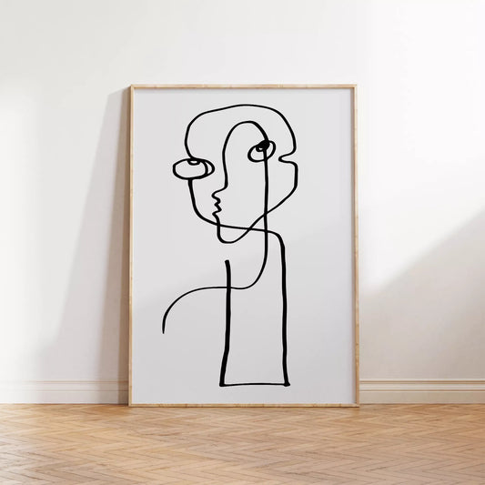 モダンな一筆書きアート、抽象的な顔のラインアート、モノクロームデザイン