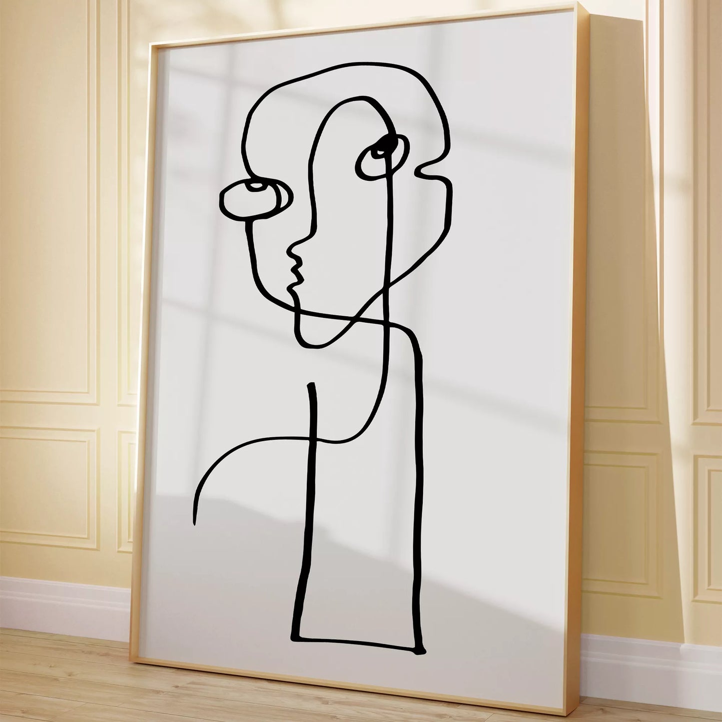 モダンな一筆書きアート、抽象的な顔のラインアート、モノクロームデザイン