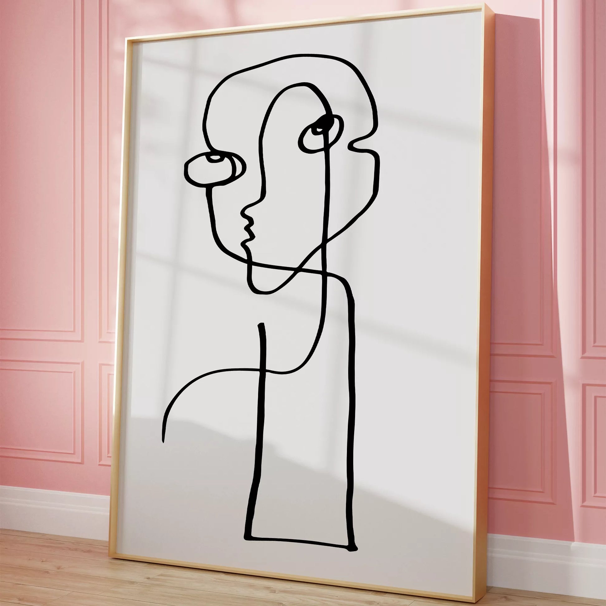 モダンな一筆書きアート、抽象的な顔のラインアート、モノクロームデザイン