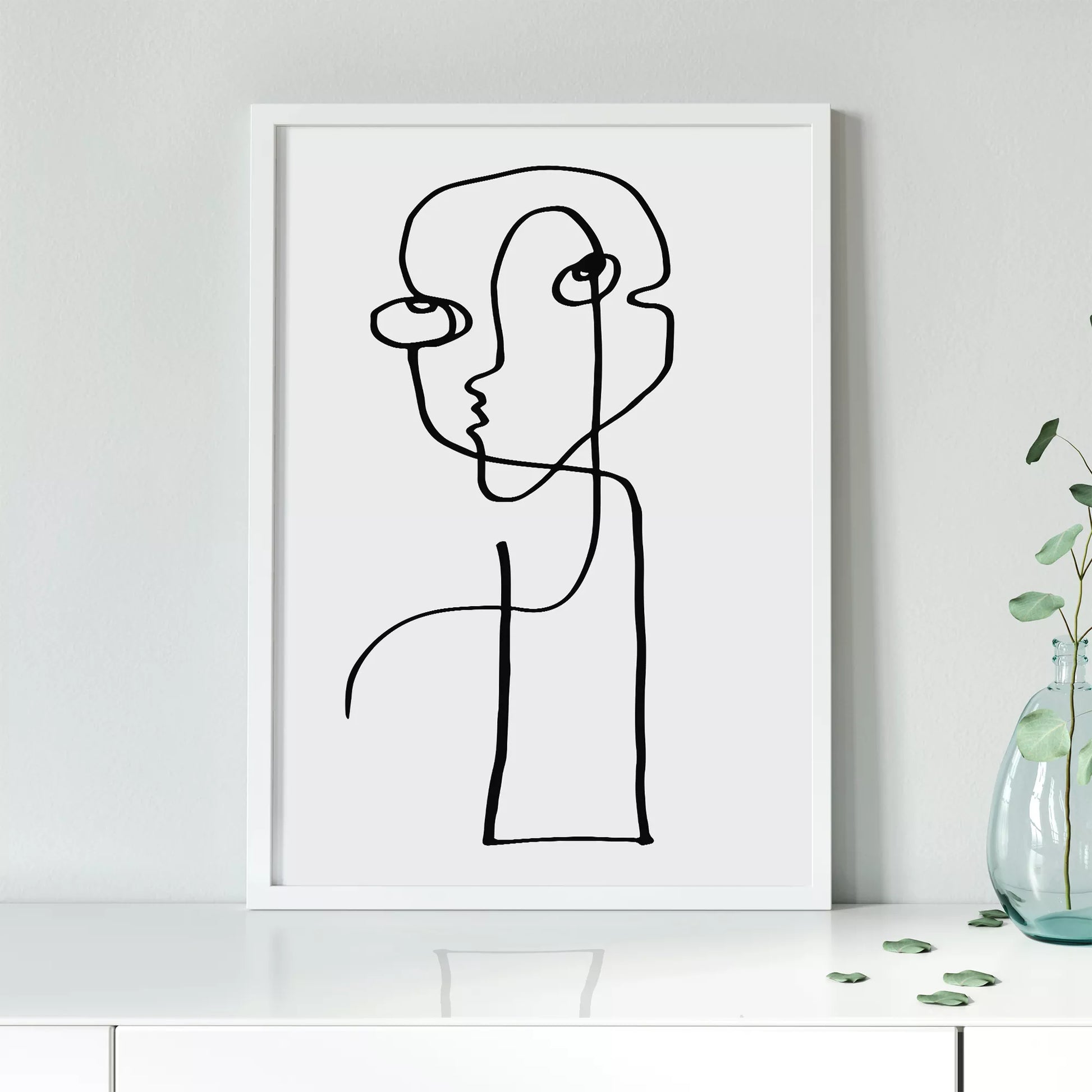 モダンな一筆書きアート、抽象的な顔のラインアート、モノクロームデザイン