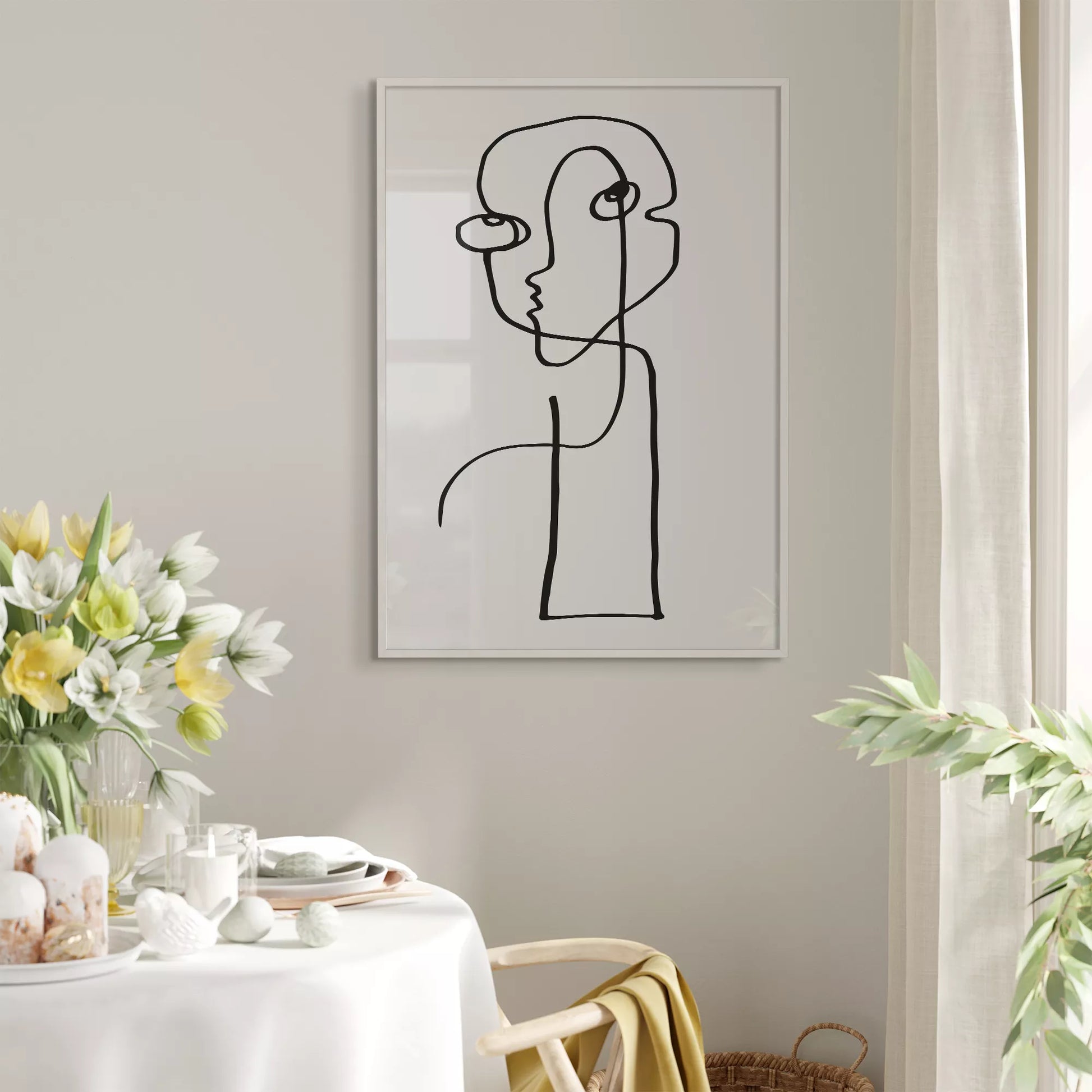 モダンな一筆書きアート、抽象的な顔のラインアート、モノクロームデザイン