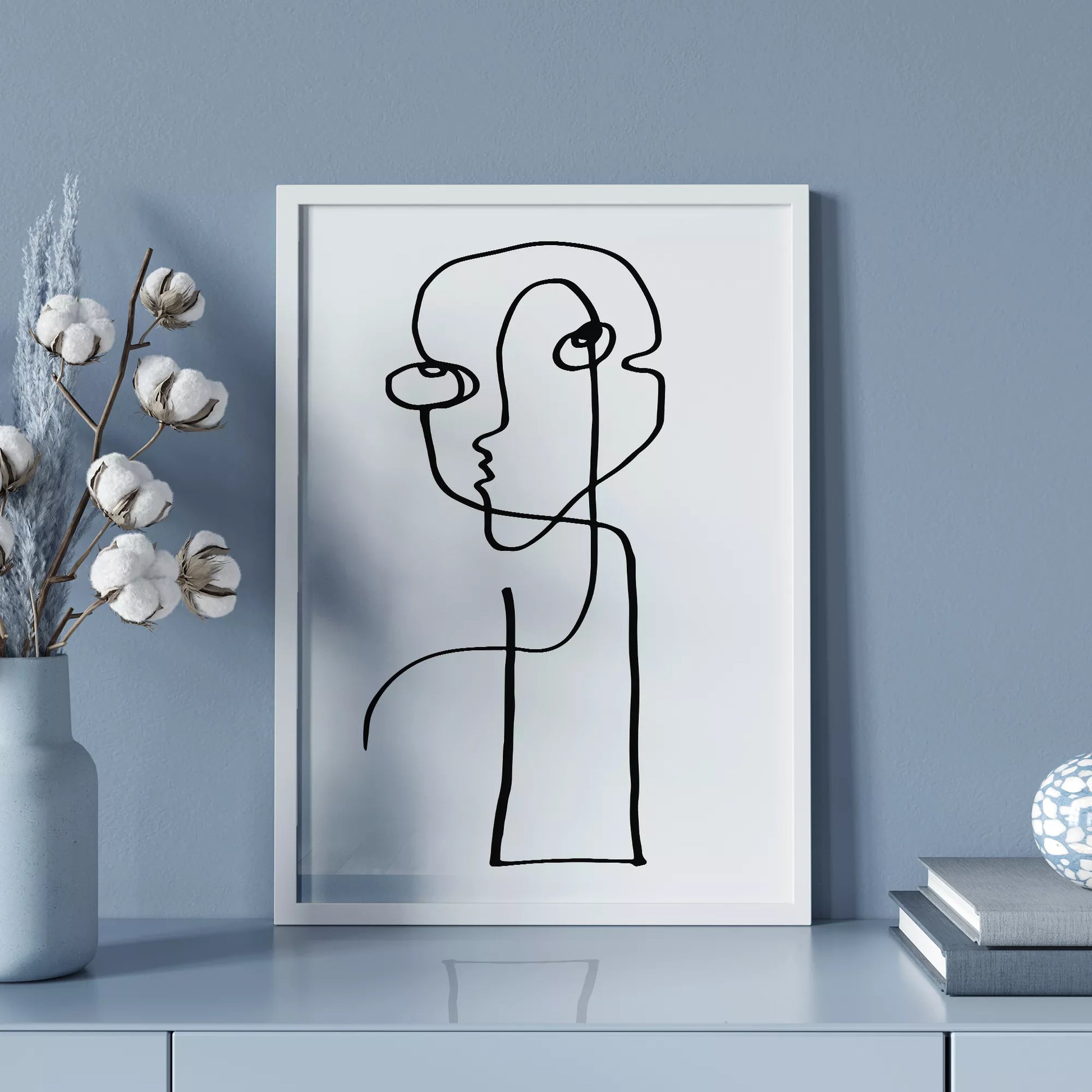 モダンな一筆書きアート、抽象的な顔のラインアート、モノクロームデザイン