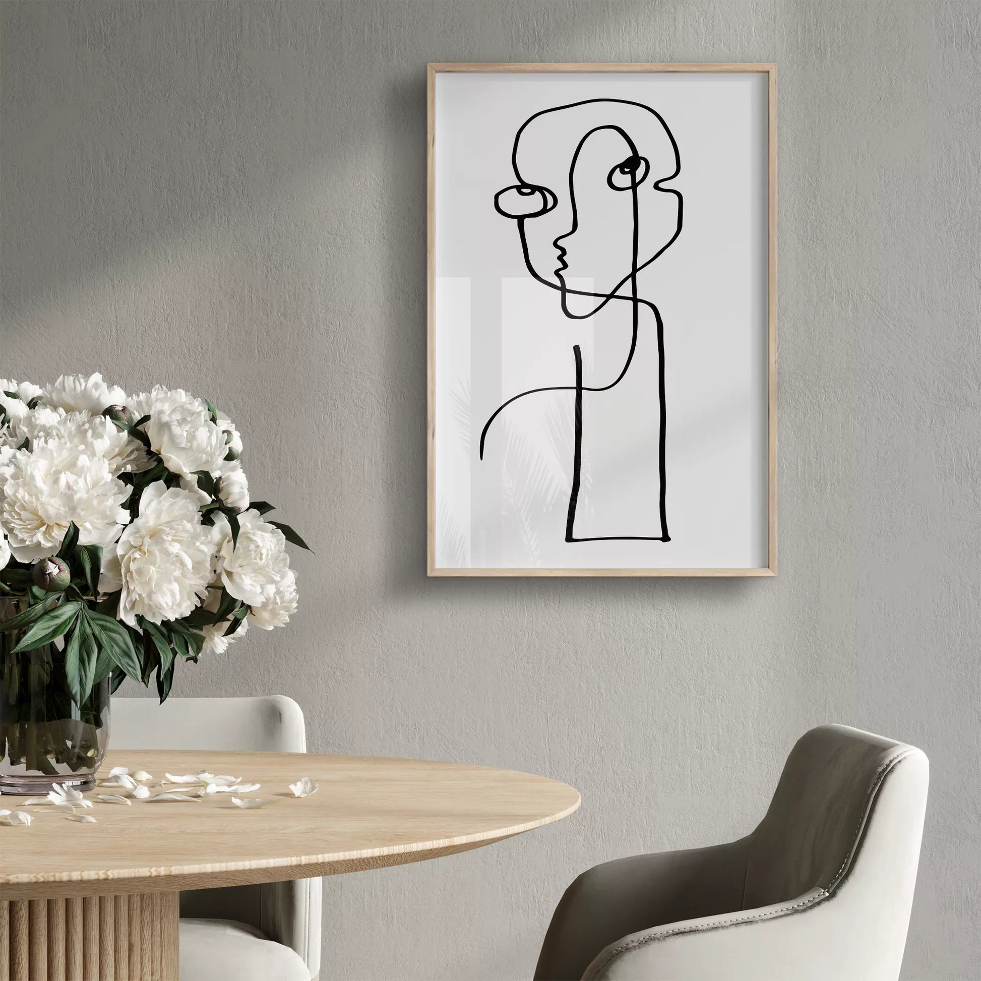 モダンな一筆書きアート、抽象的な顔のラインアート、モノクロームデザイン