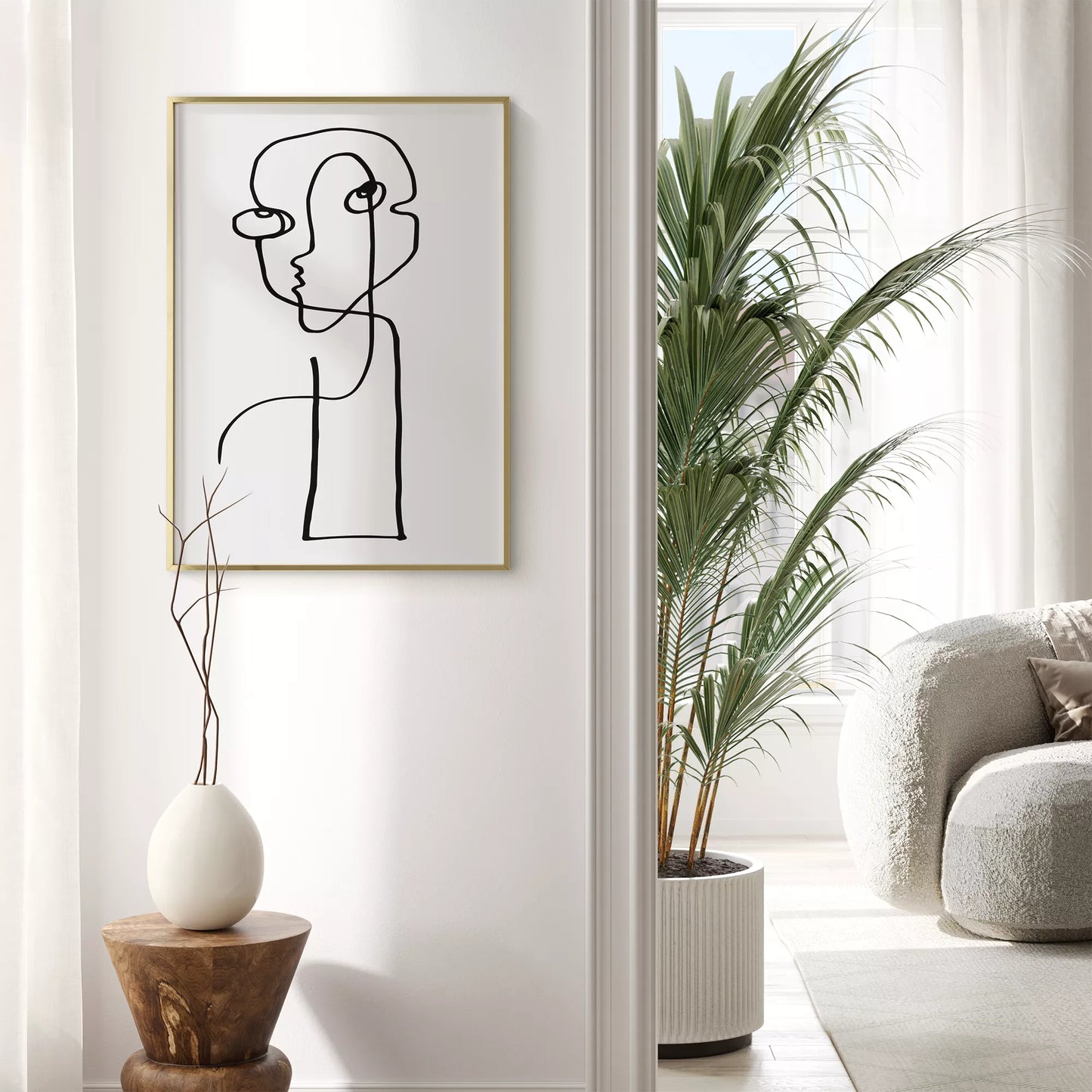 モダンな一筆書きアート、抽象的な顔のラインアート、モノクロームデザイン