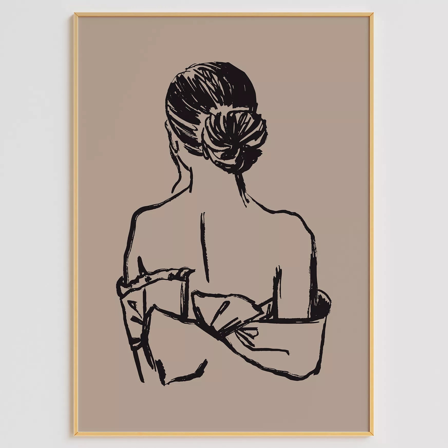 女性シルエット線画の北欧ミニマルアートポスター ベージュ背景