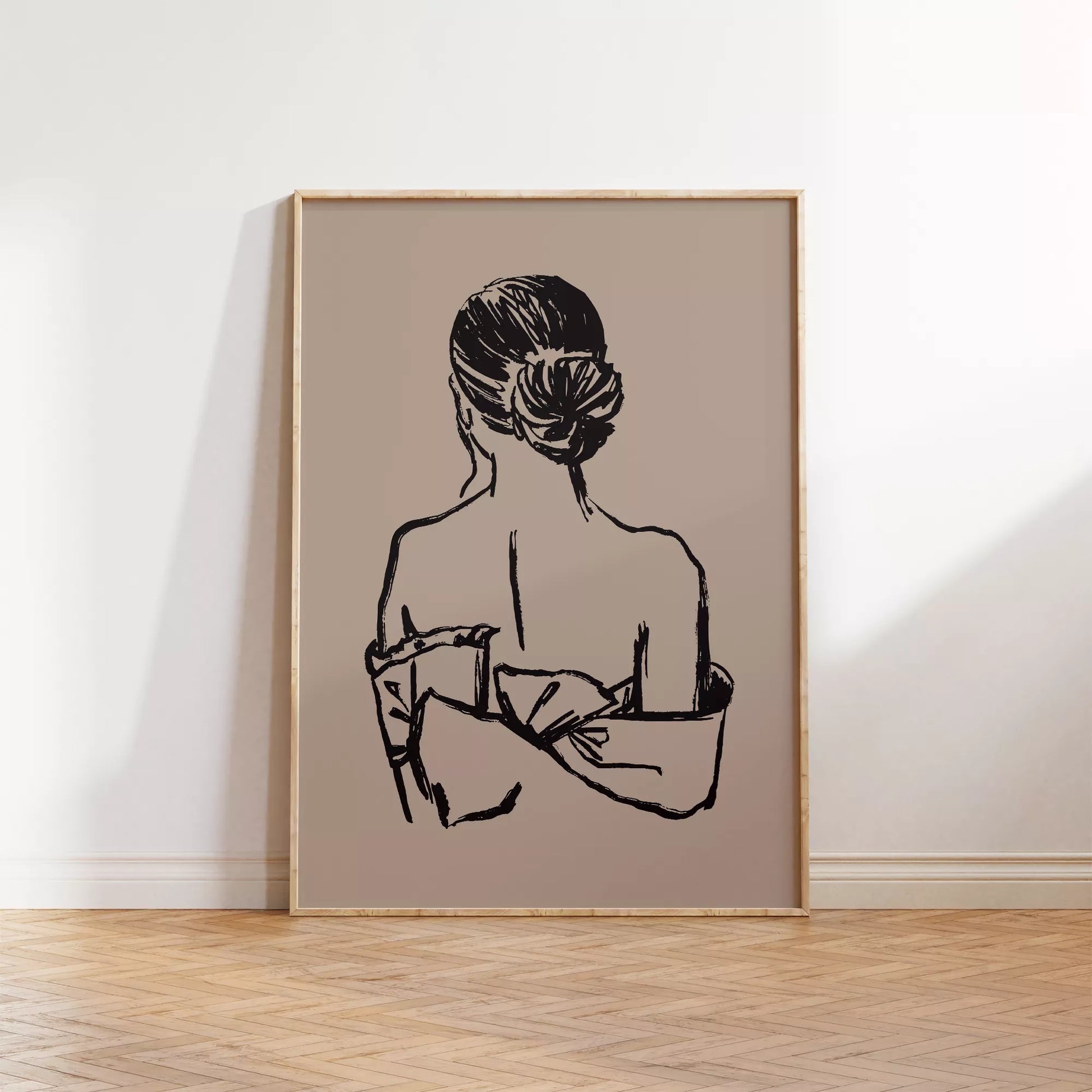 女性シルエット線画の北欧ミニマルアートポスター ベージュ背景