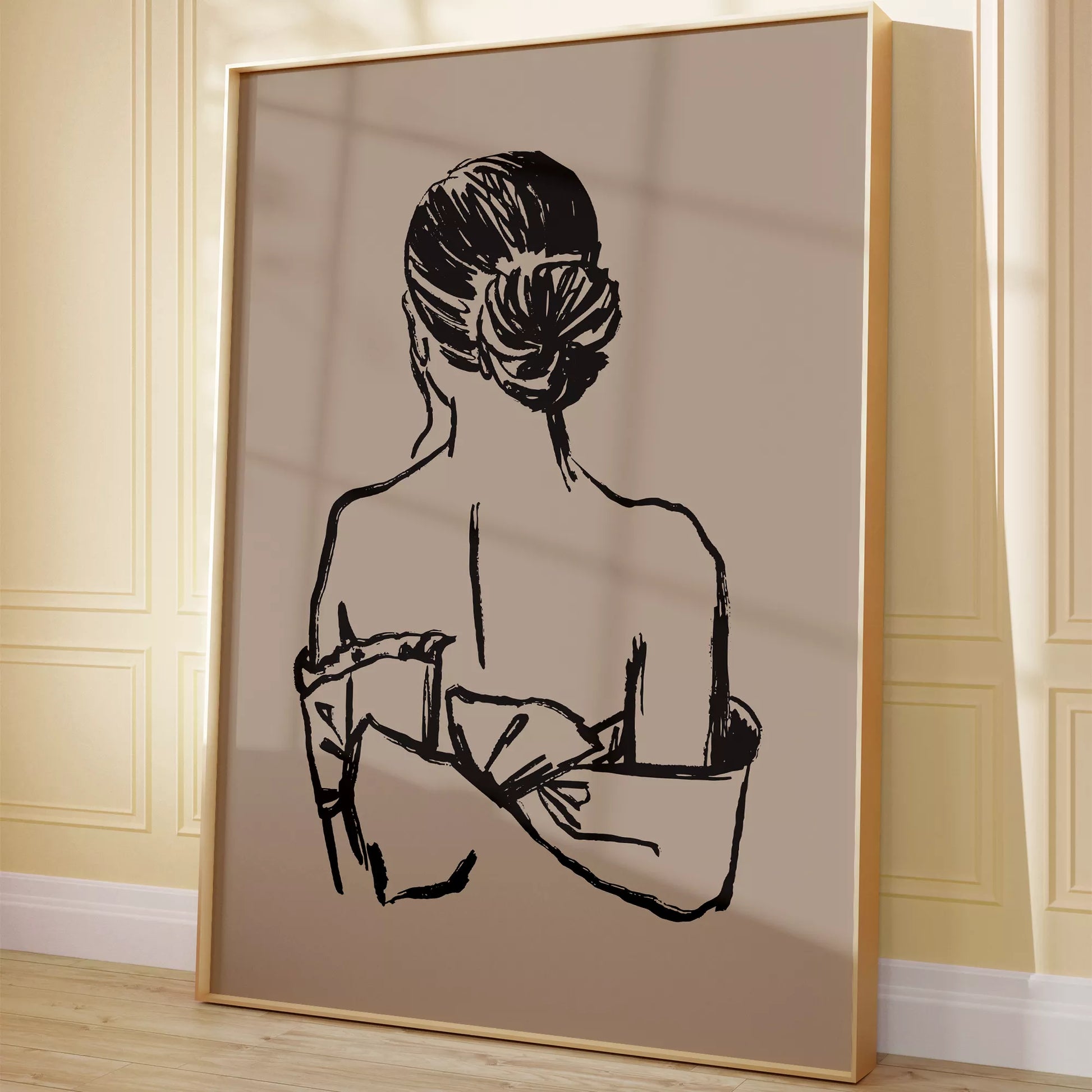 女性シルエット線画の北欧ミニマルアートポスター ベージュ背景