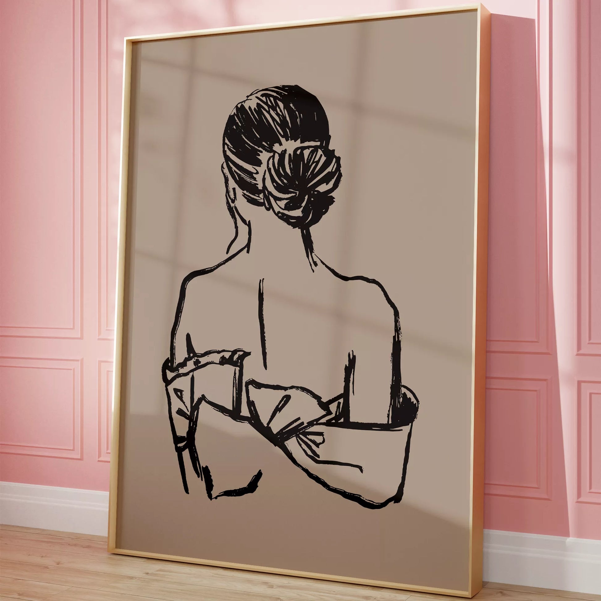 女性シルエット線画の北欧ミニマルアートポスター ベージュ背景