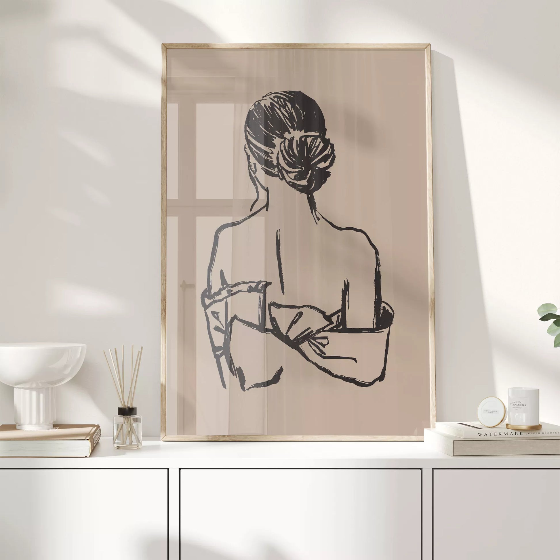 女性シルエット線画の北欧ミニマルアートポスター ベージュ背景