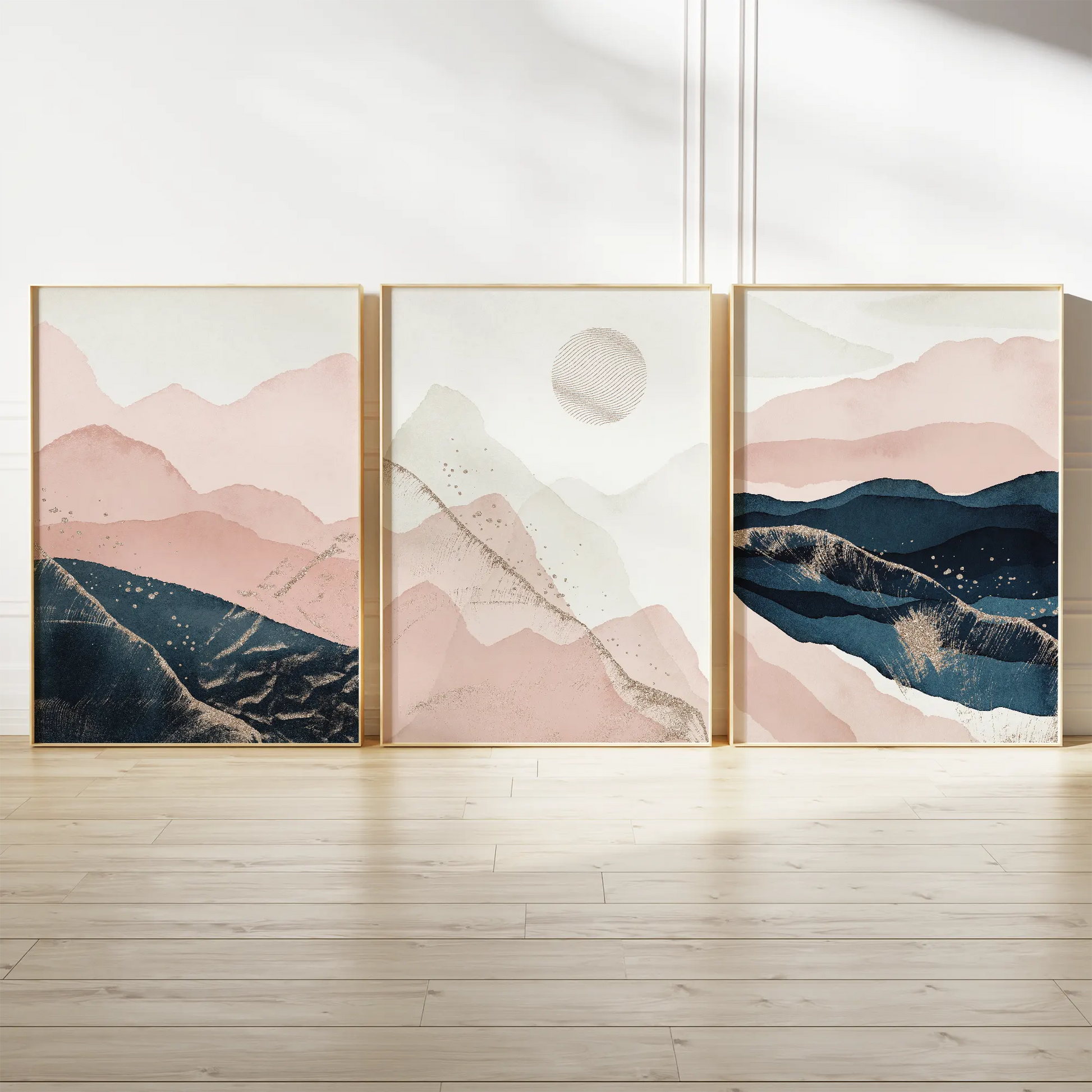 淡いピンクとネイビーの抽象山の風景アートポスター 北欧ミニマル 3枚セット