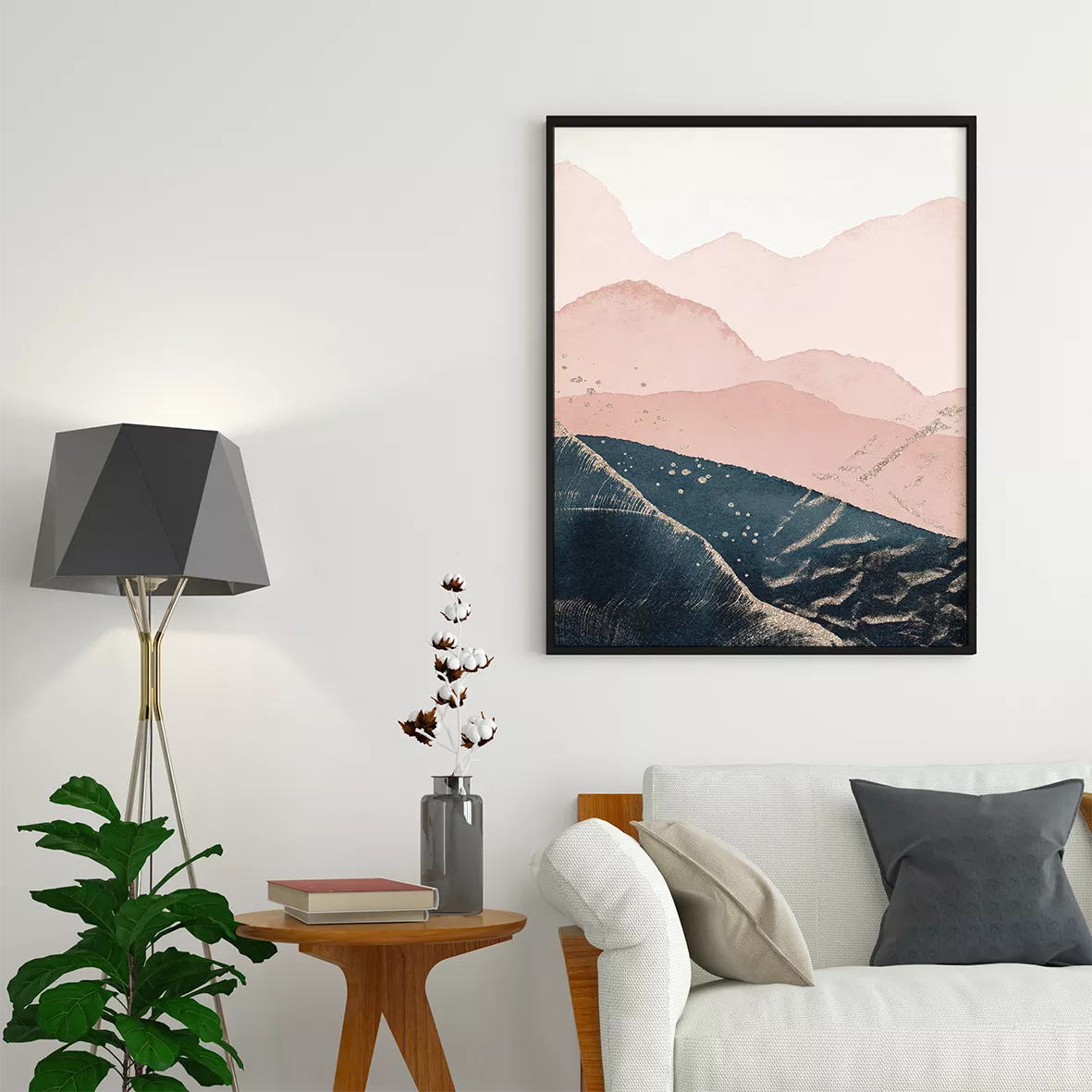 ピンクとネイビーの抽象的な山岳風景画トリプティック、月と山脈のミニマルアート