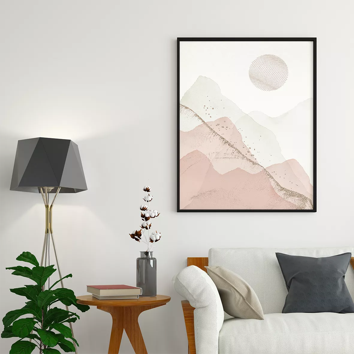 ピンクとネイビーの抽象的な山岳風景画トリプティック、月と山脈のミニマルアート