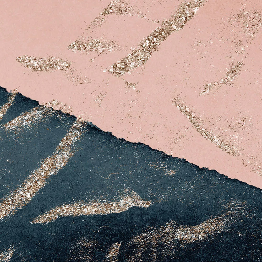 ピンクとネイビーの抽象的な山岳風景画トリプティック、月と山脈のミニマルアート