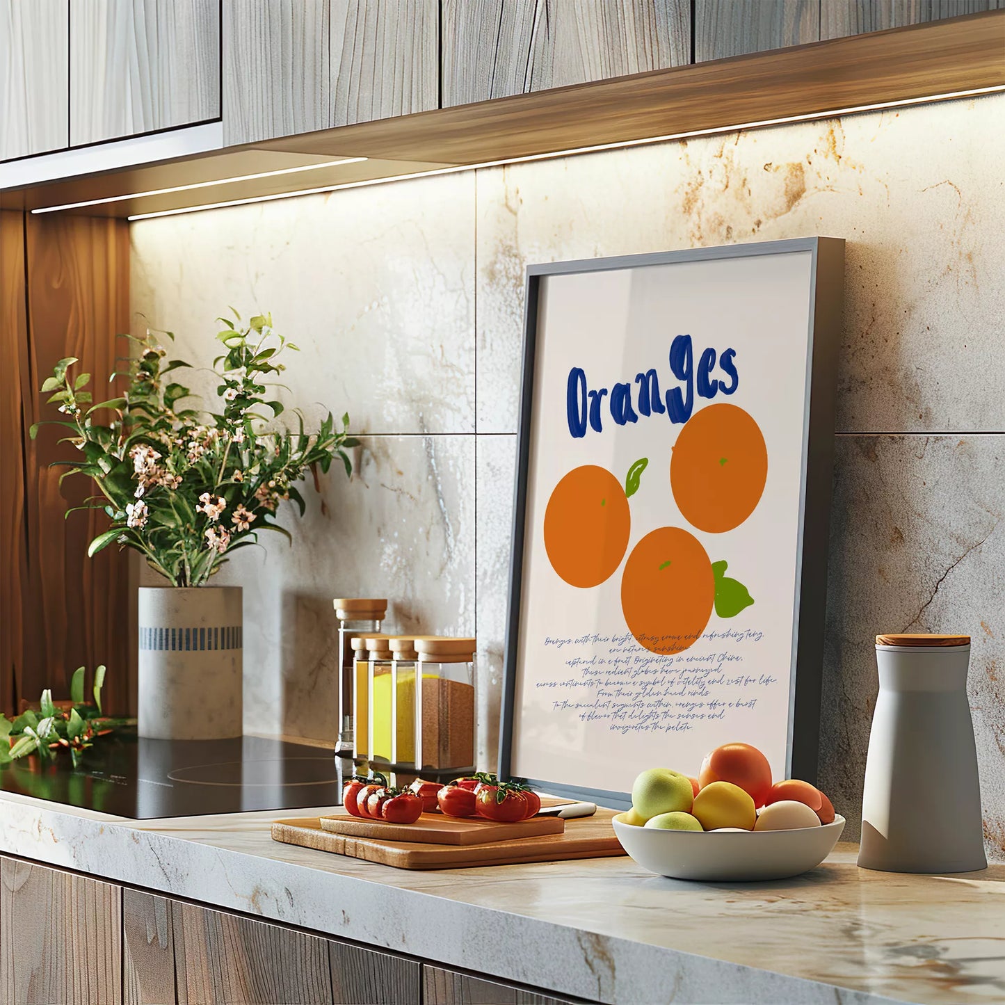 シンプルなオレンジのイラストと手書き文字のキッチンアート