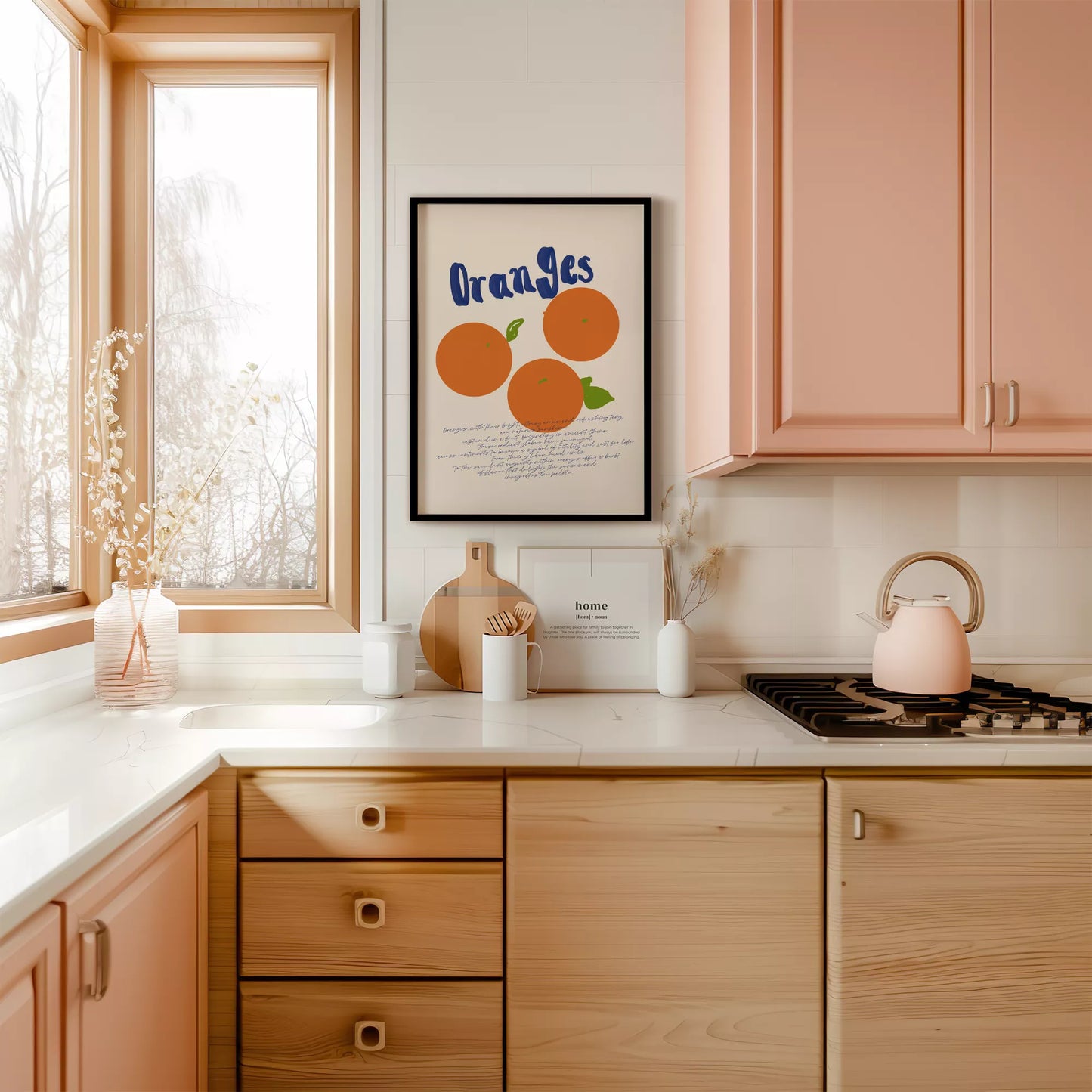 シンプルなオレンジのイラストと手書き文字のキッチンアート