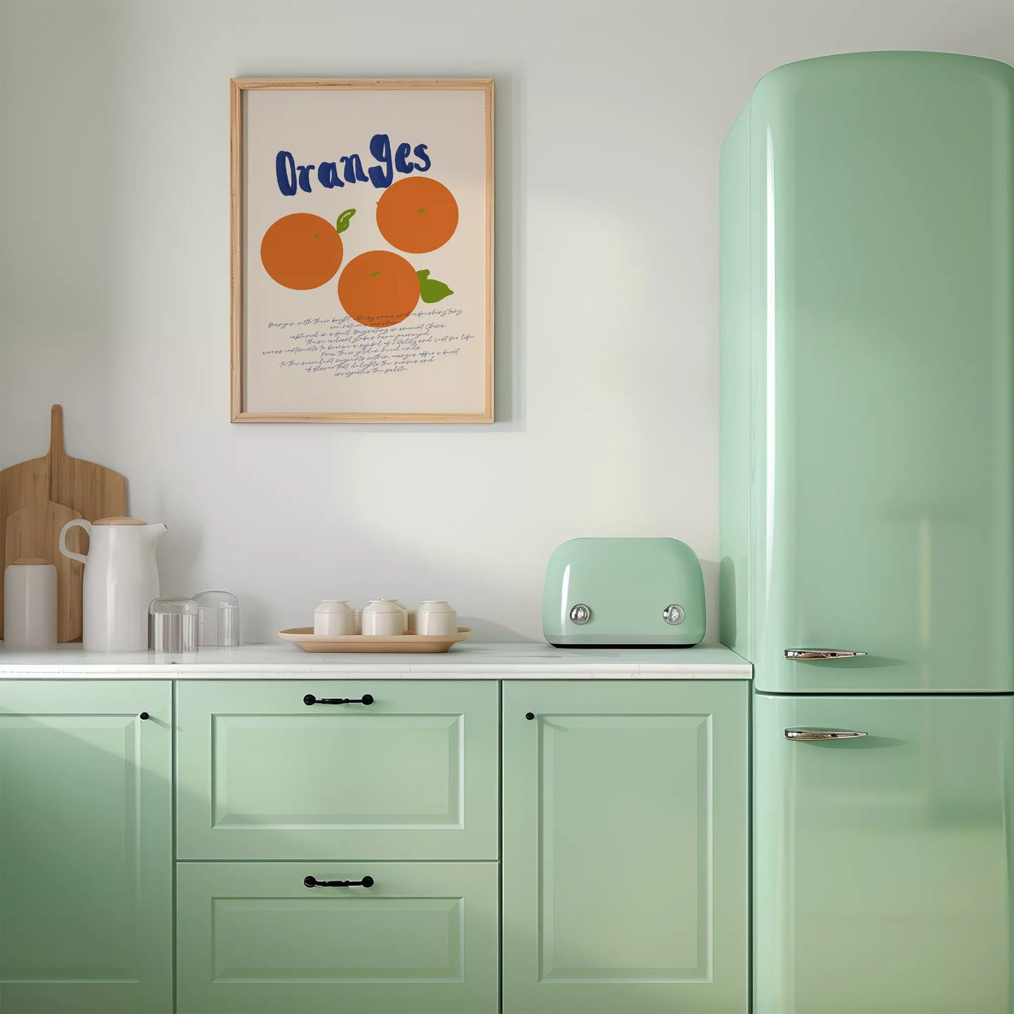 シンプルなオレンジのイラストと手書き文字のキッチンアート