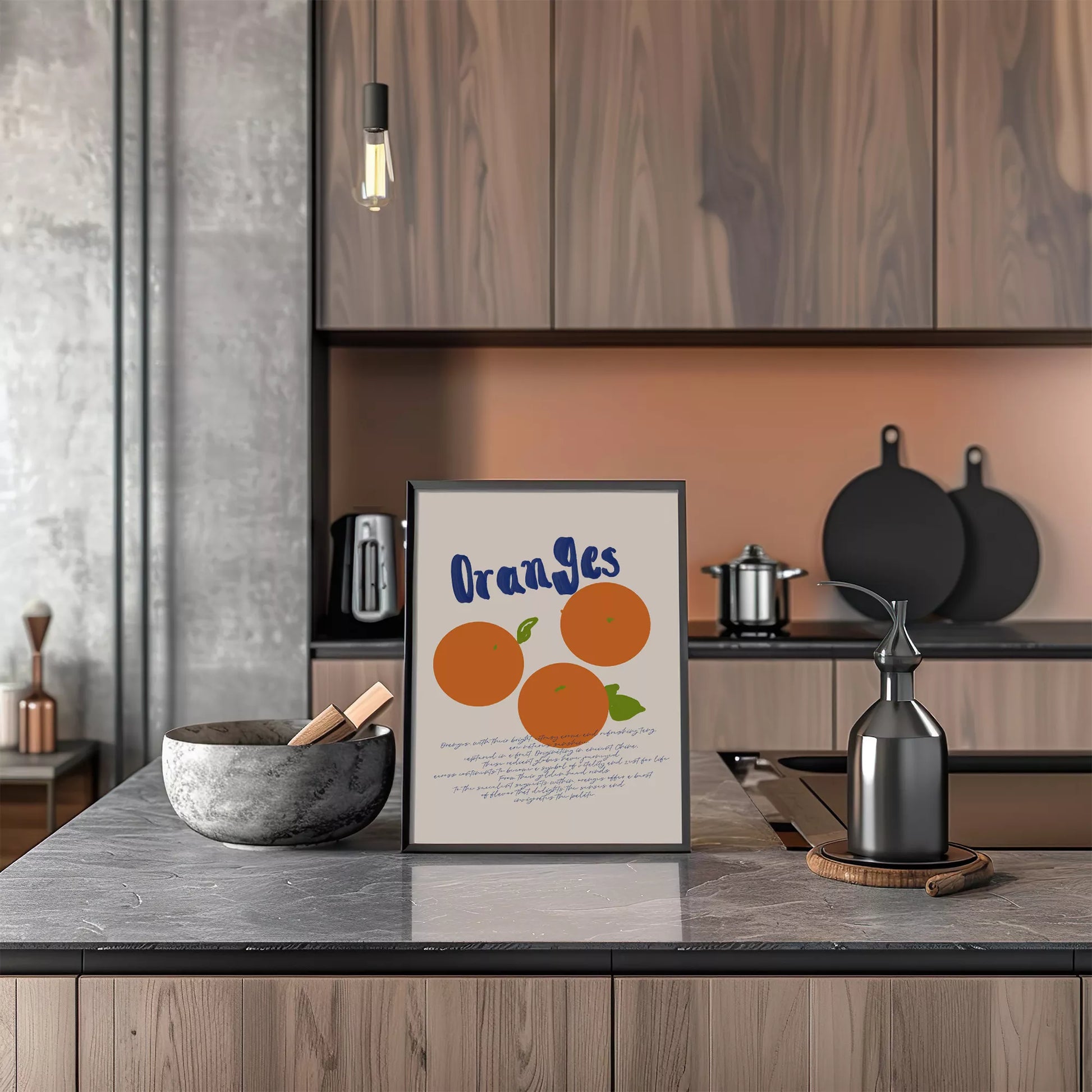 シンプルなオレンジのイラストと手書き文字のキッチンアート