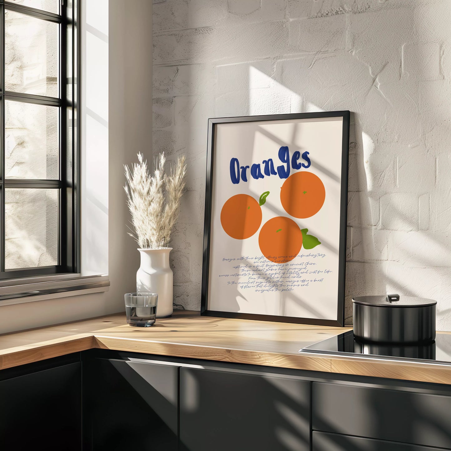 シンプルなオレンジのイラストと手書き文字のキッチンアート