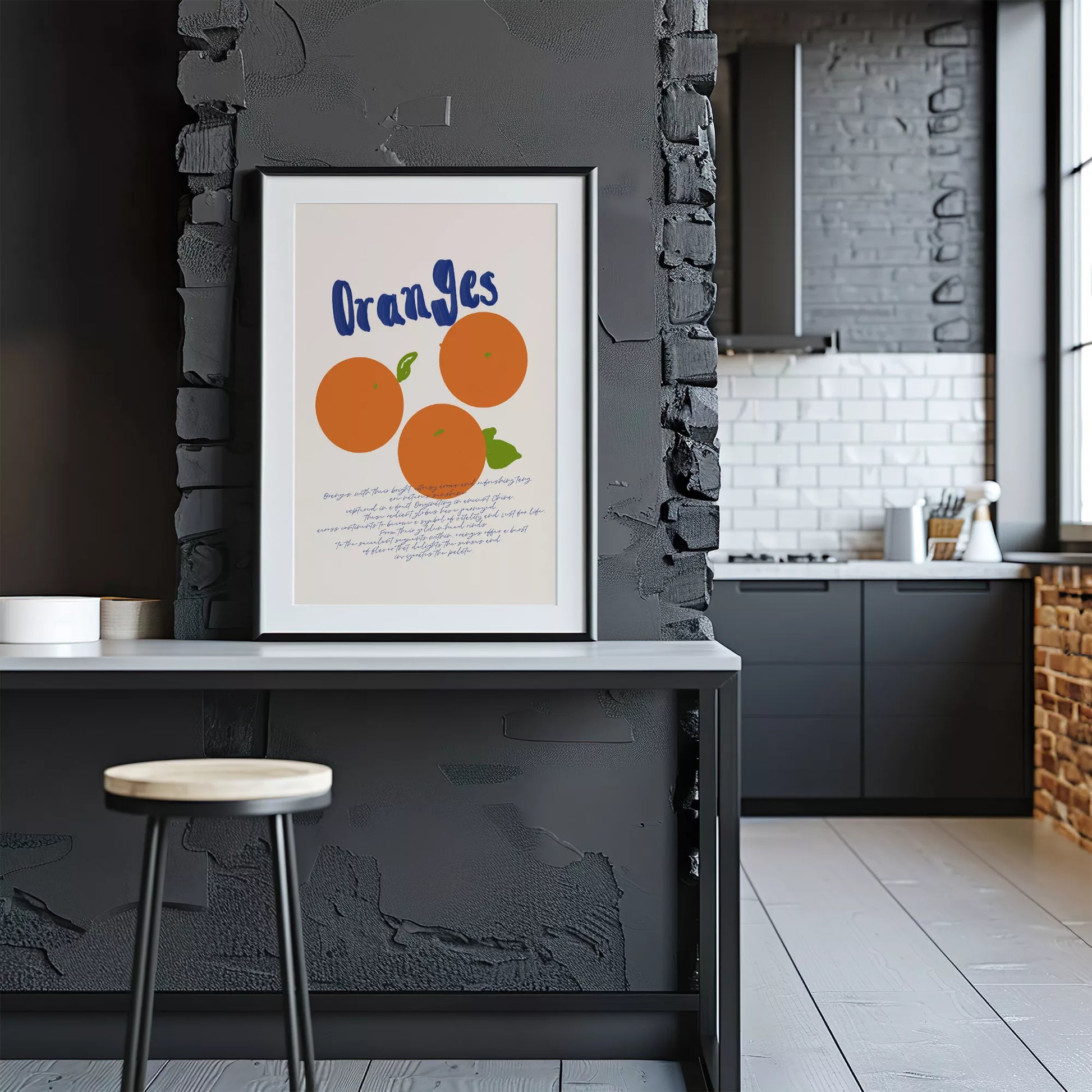 シンプルなオレンジのイラストと手書き文字のキッチンアート