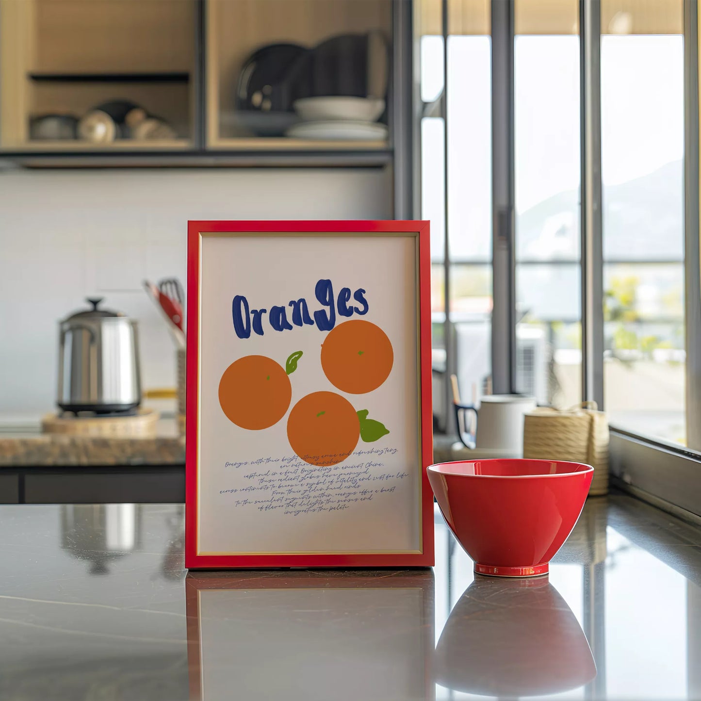 シンプルなオレンジのイラストと手書き文字のキッチンアート